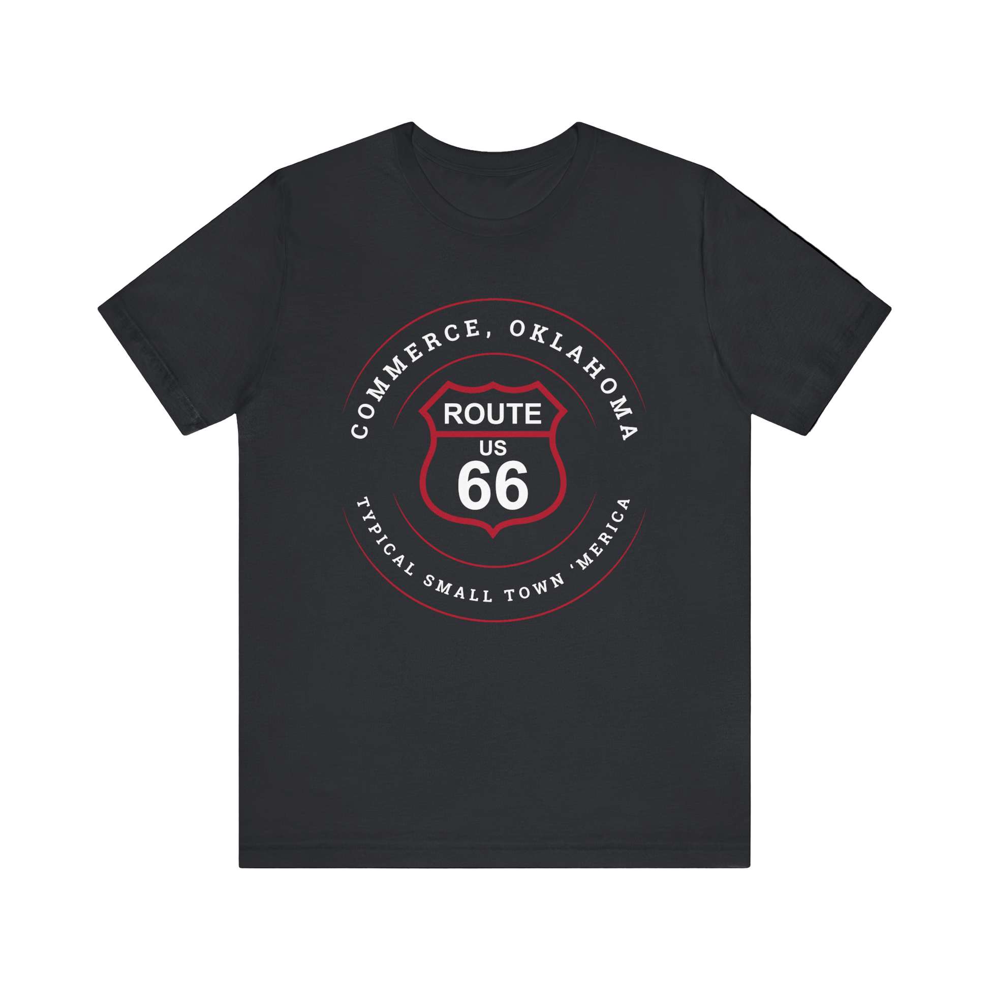 Vintage black retro Route 66 unisex jersey tee with Commerce, OK "Typical 'Small Town' America" design