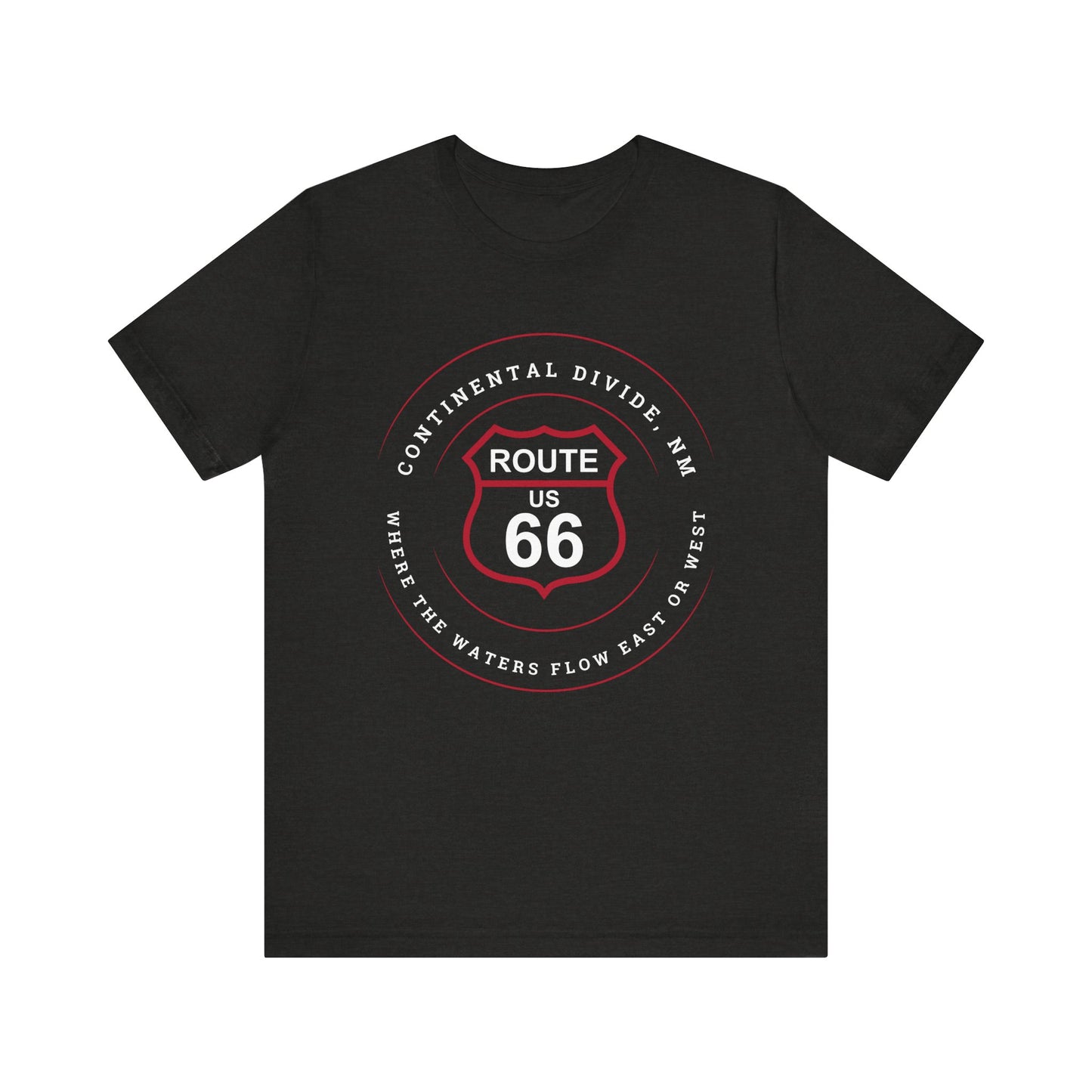 Black heather retro Route 66 unisex jersey tee with Continental Divide, NM: Where the Water Flows East or West graphic