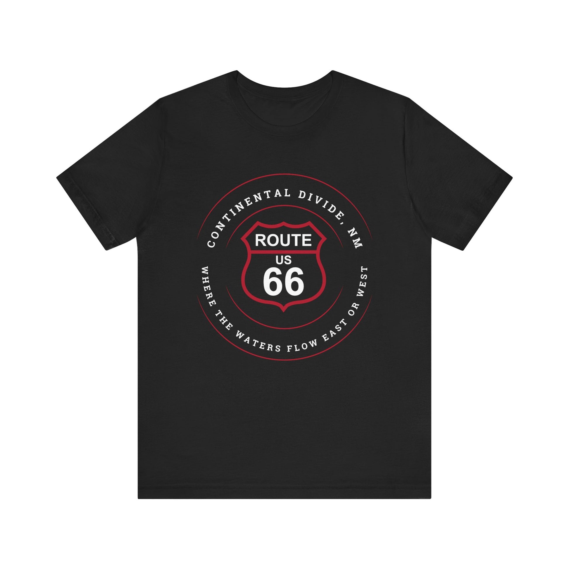 Black retro Route 66 unisex jersey tee with Continental Divide, NM: Where the Water Flows East or West graphic