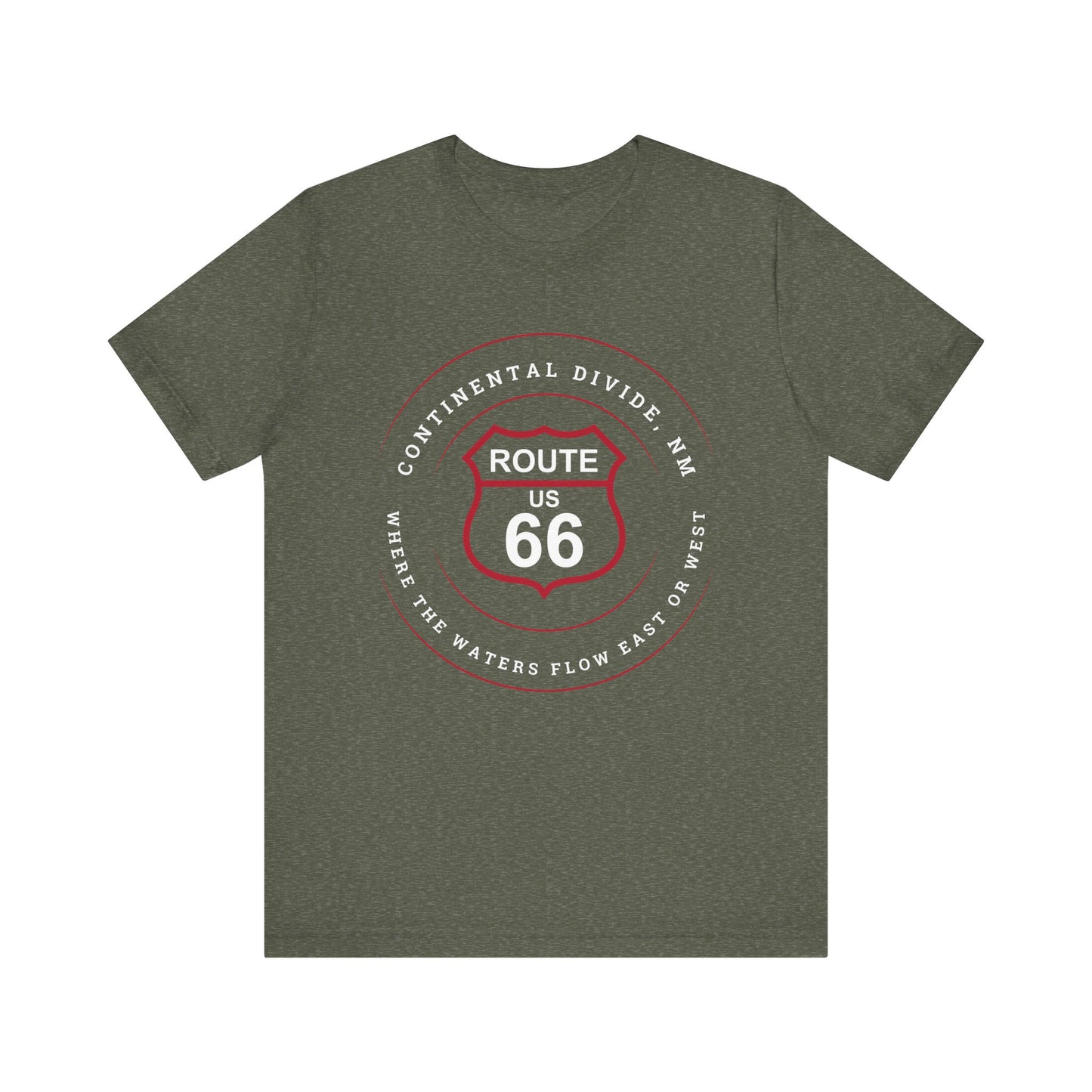 Heather military green retro Route 66 unisex jersey tee with Continental Divide, NM: Where the Water Flows East or West graphic