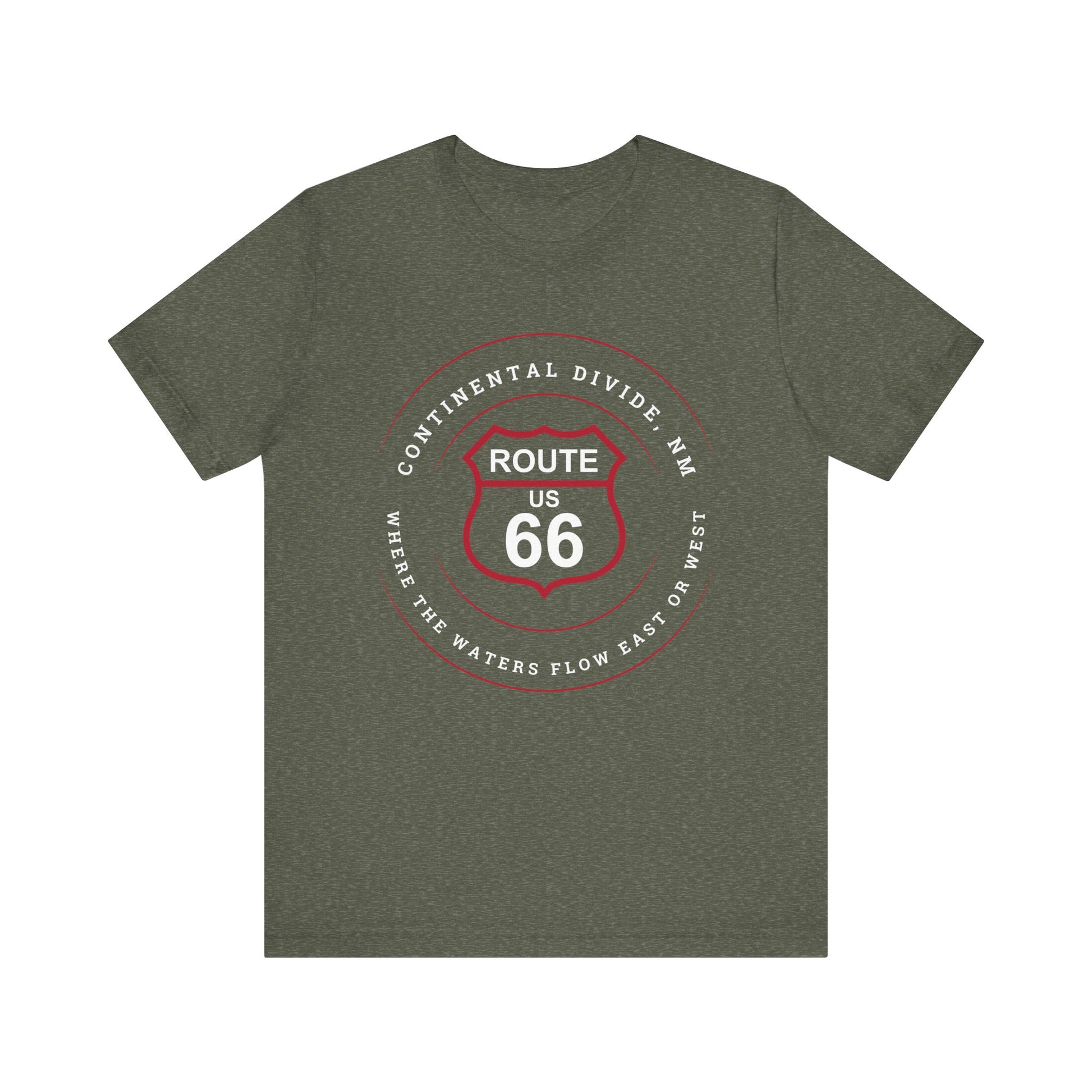 Heather military green retro Route 66 unisex jersey tee with Continental Divide, NM: Where the Water Flows East or West graphic