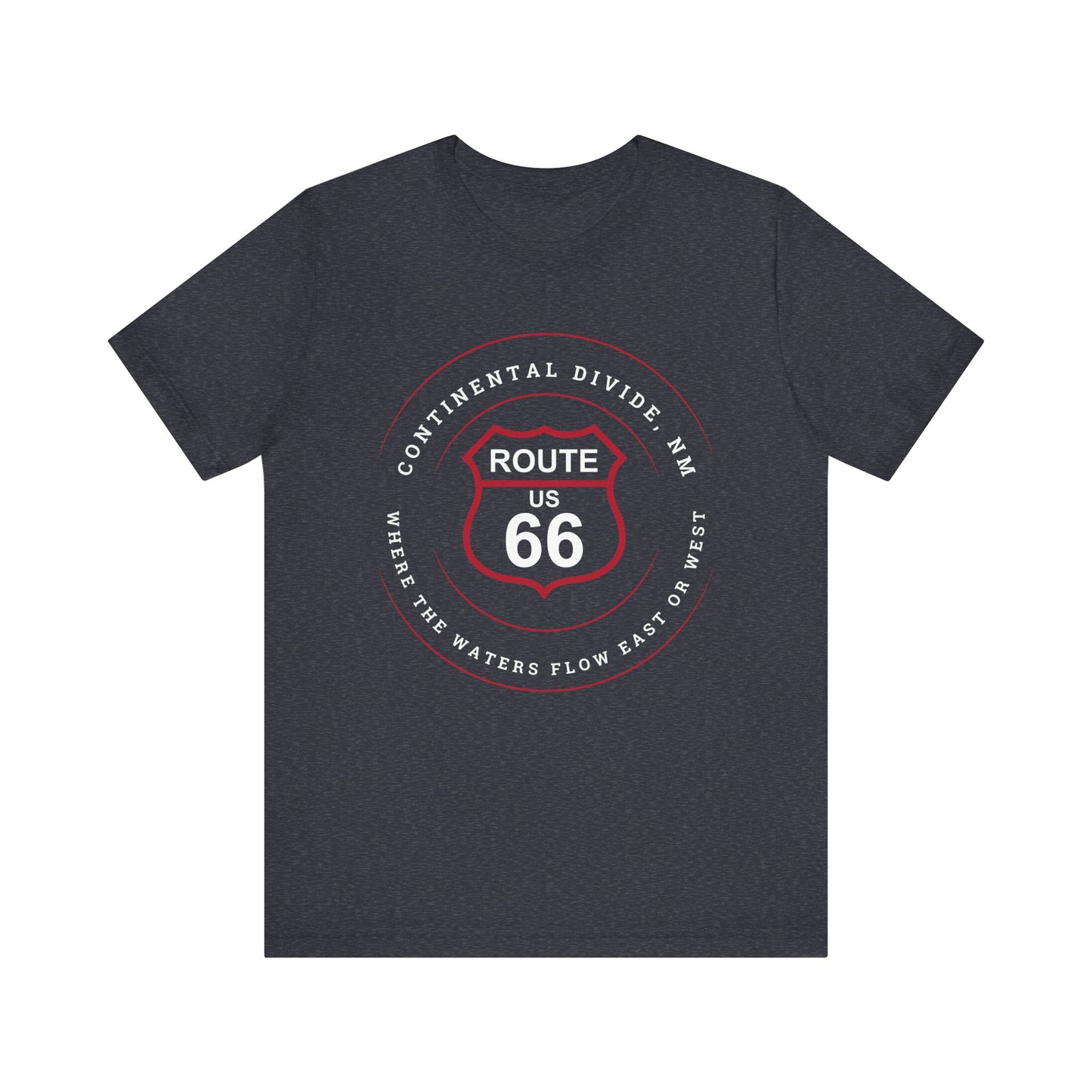 Heather navy retro Route 66 unisex jersey tee with Continental Divide, NM: Where the Water Flows East or West graphic
