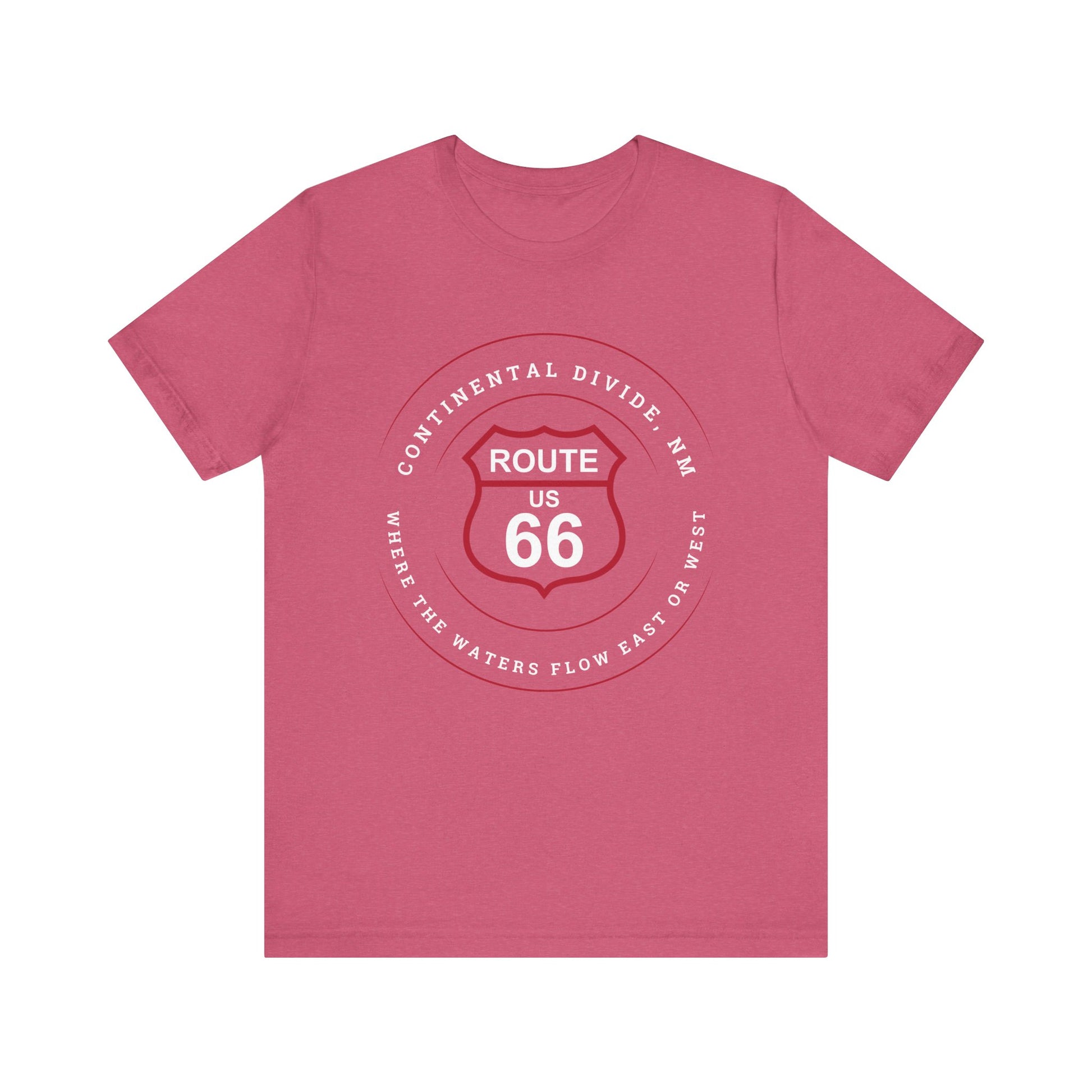 Heather raspberry retro Route 66 unisex jersey tee with Continental Divide, NM: Where the Water Flows East or West graphic
