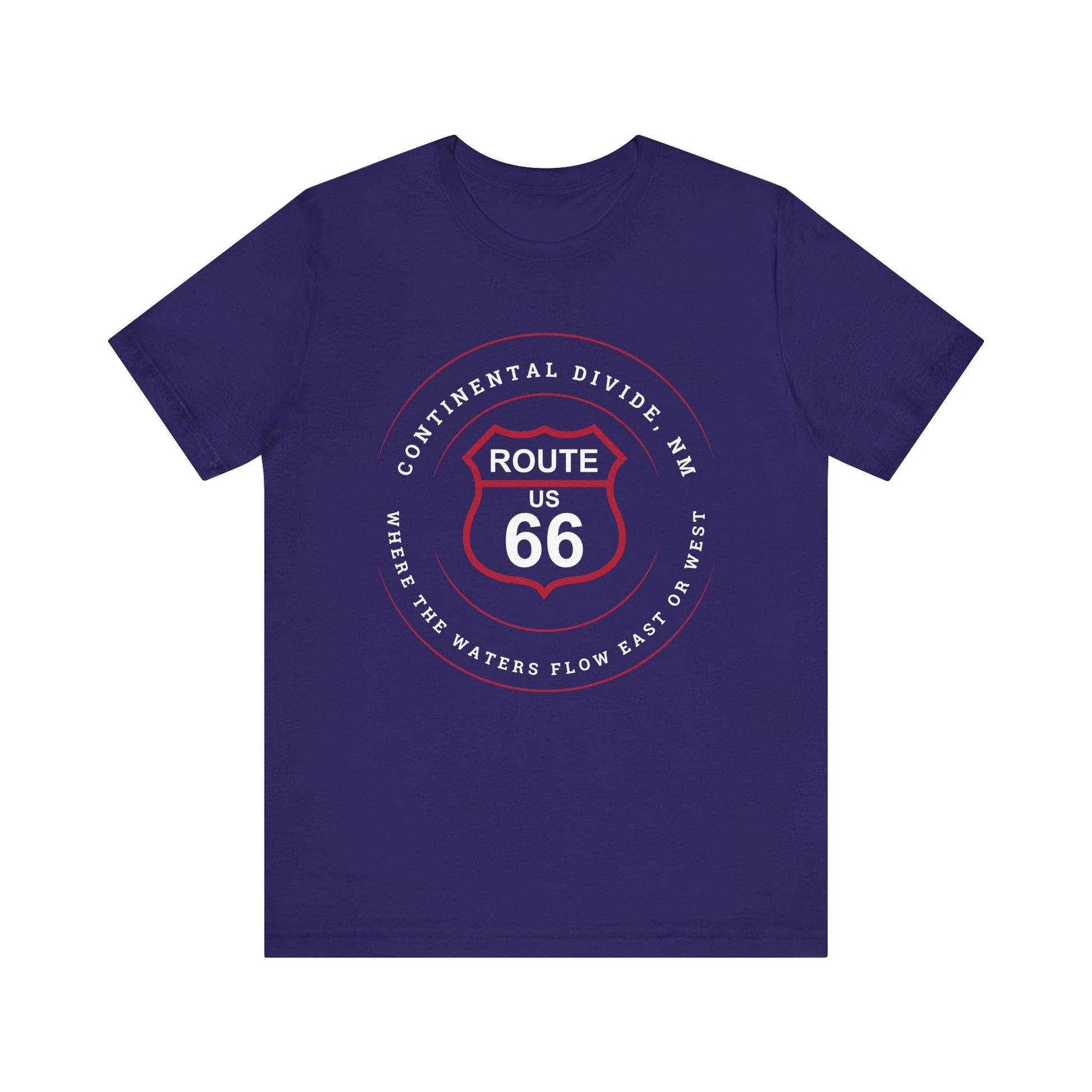 Team navy retro Route 66 unisex jersey tee with Continental Divide, NM: Where the Water Flows East or West graphic