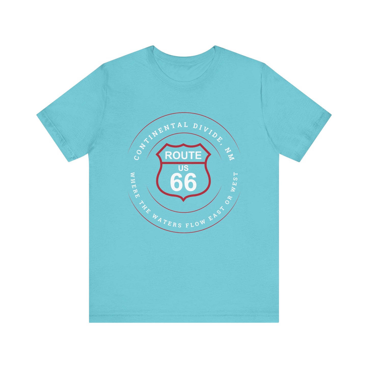 Turquoise retro Route 66 unisex jersey tee with Continental Divide, NM: Where the Water Flows East or West graphic