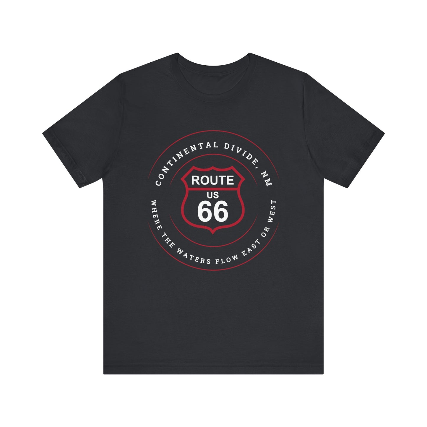 Vintage black retro Route 66 unisex jersey tee with Continental Divide, NM: Where the Water Flows East or West graphic