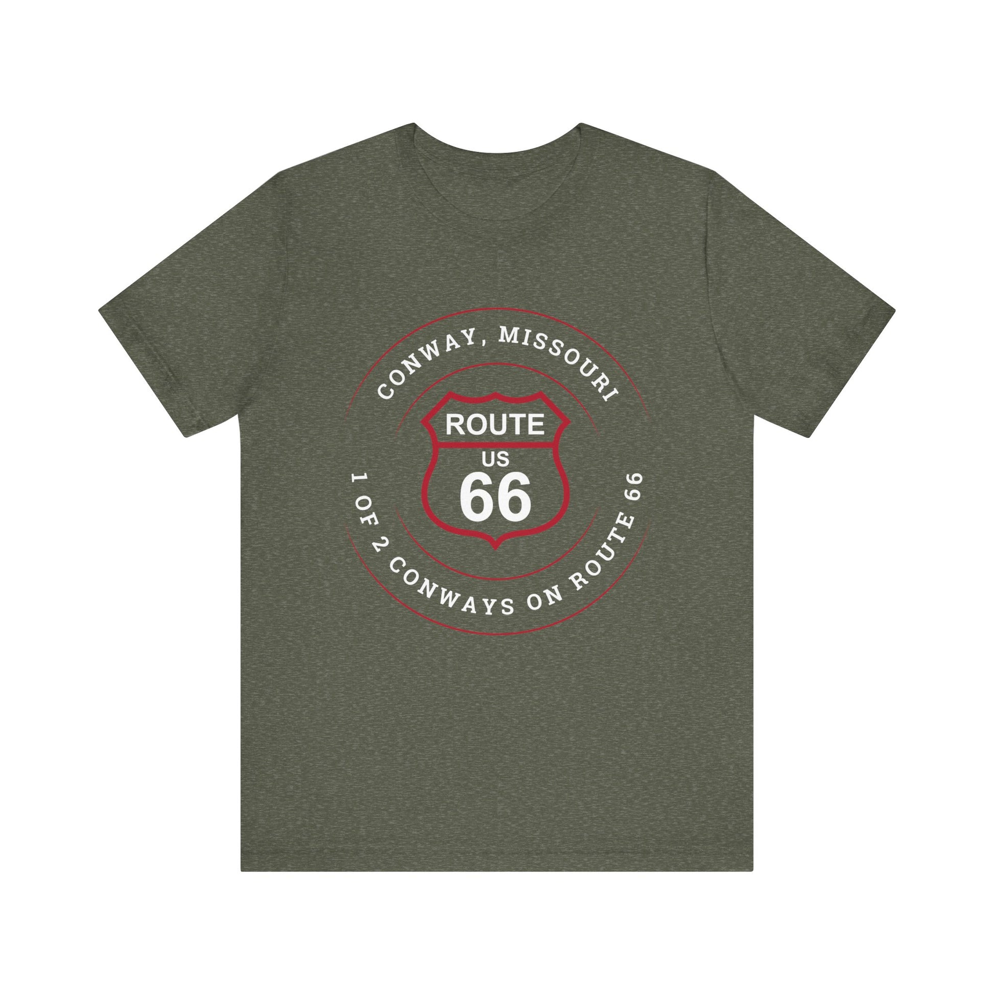 Heather military green retro Route 66 unisex jersey tee with Conway, MO "1 of 2 Conways on Route 66" design