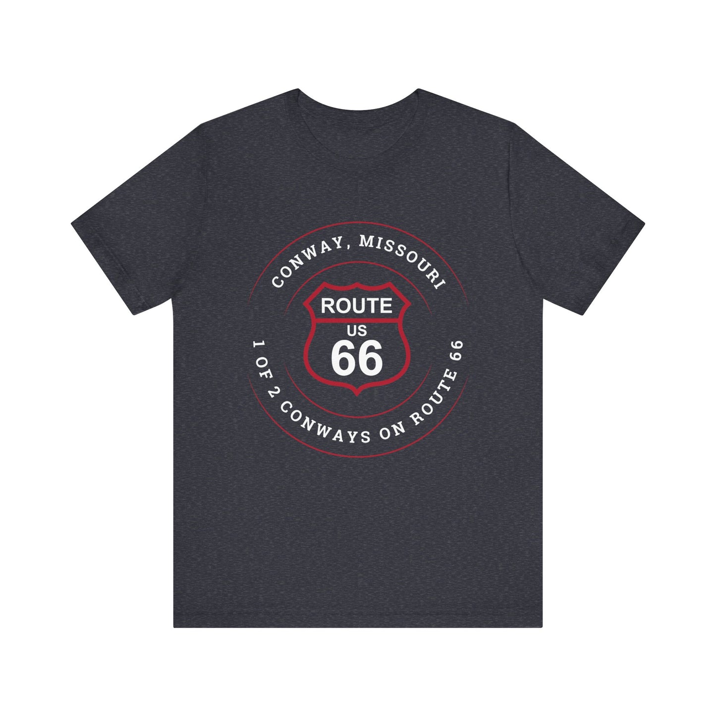 Heather navy retro Route 66 unisex jersey tee with Conway, MO "1 of 2 Conways on Route 66" design