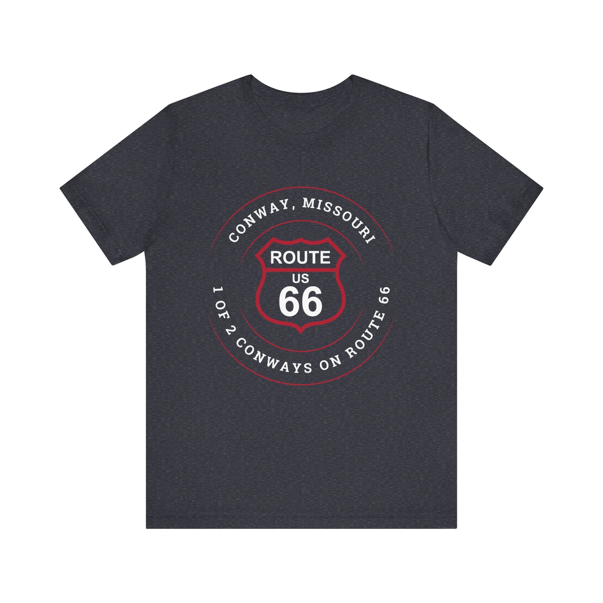 Heather navy retro Route 66 unisex jersey tee with Conway, MO "1 of 2 Conways on Route 66" design