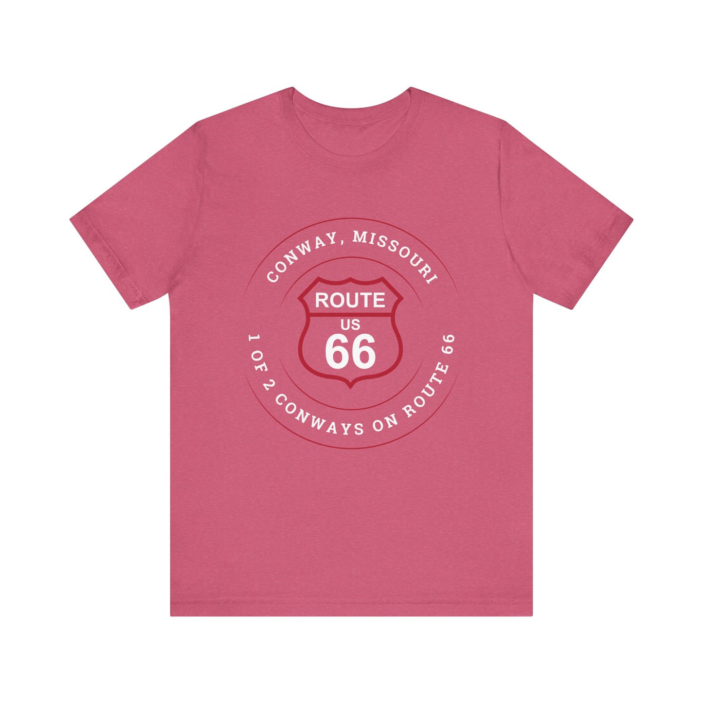 Heather raspberry retro Route 66 unisex jersey tee with Conway, MO "1 of 2 Conways on Route 66" design