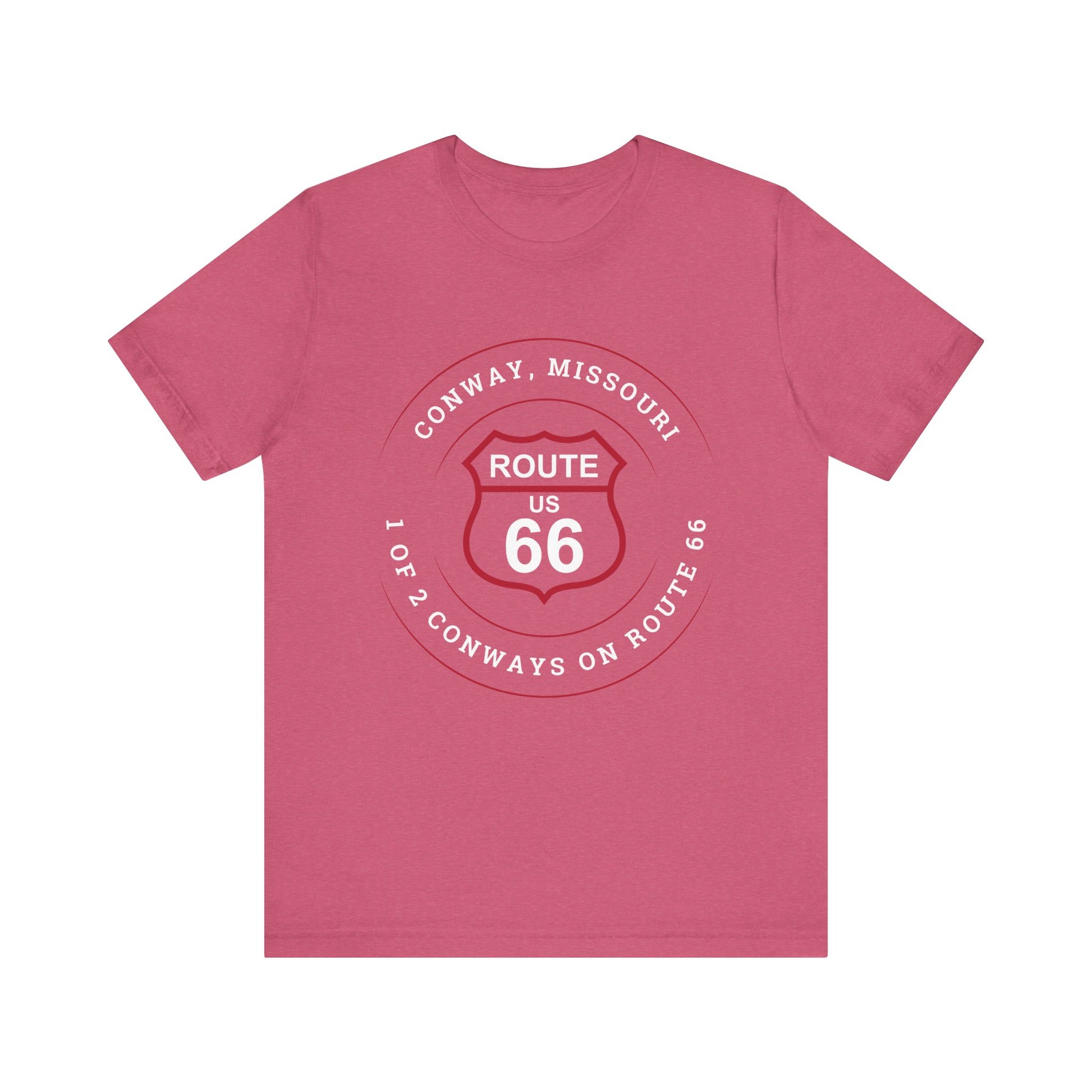 Heather raspberry retro Route 66 unisex jersey tee with Conway, MO "1 of 2 Conways on Route 66" design