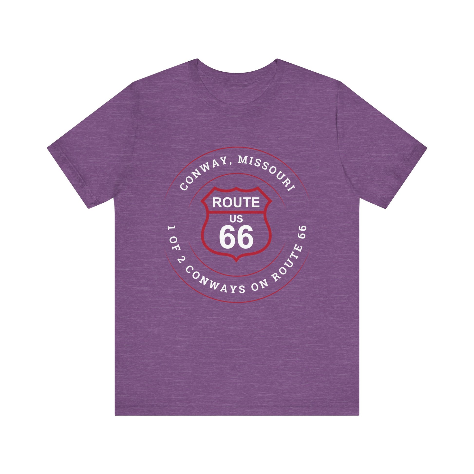 Heather team purple retro Route 66 unisex jersey tee with Conway, MO "1 of 2 Conways on Route 66" design