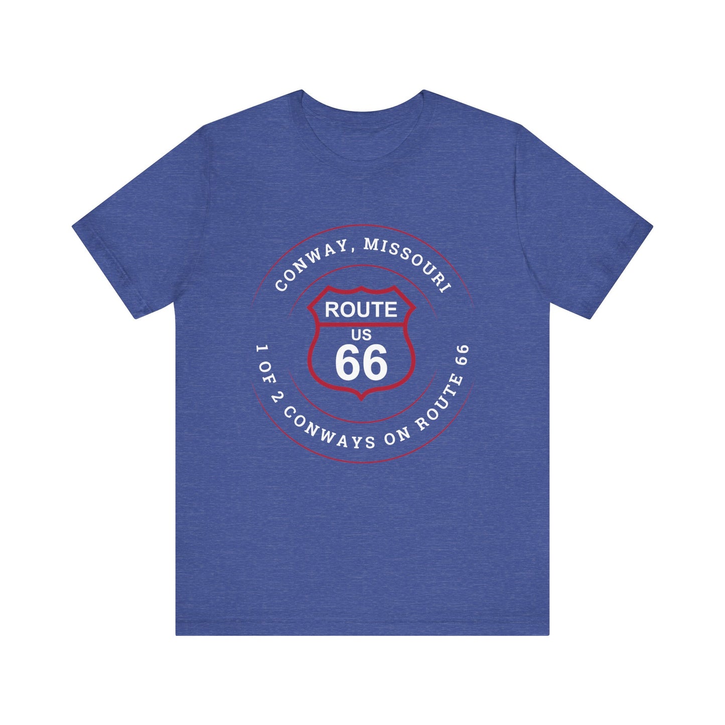 Heather team royal retro Route 66 unisex jersey tee with Conway, MO "1 of 2 Conways on Route 66" design