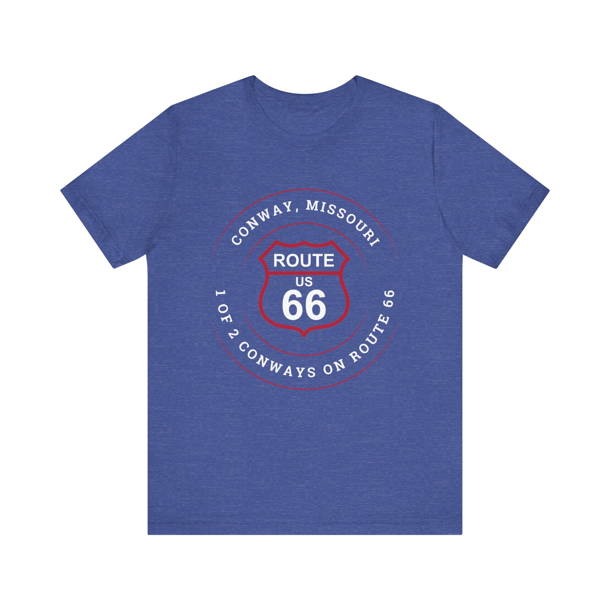 Heather team royal retro Route 66 unisex jersey tee with Conway, MO "1 of 2 Conways on Route 66" design