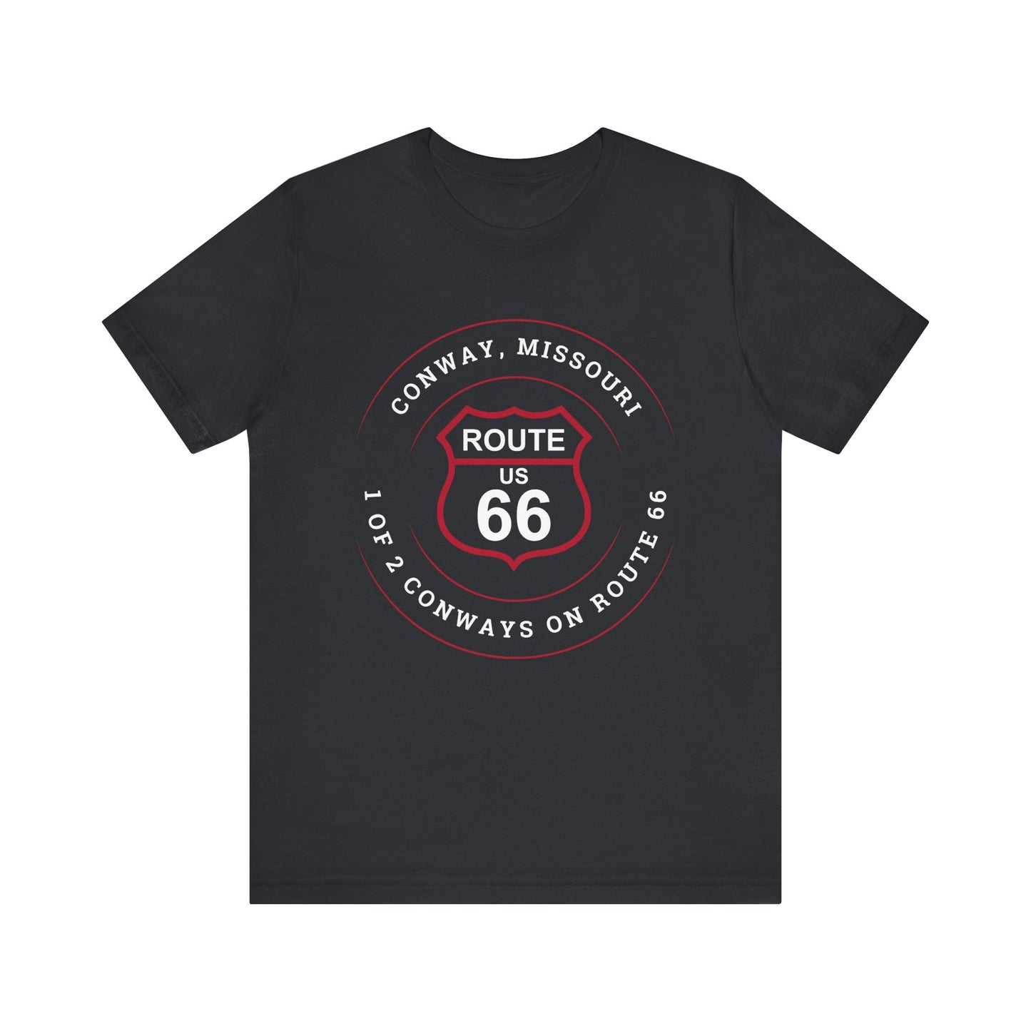 Vintage black retro Route 66 unisex jersey tee with Conway, MO "1 of 2 Conways on Route 66" design