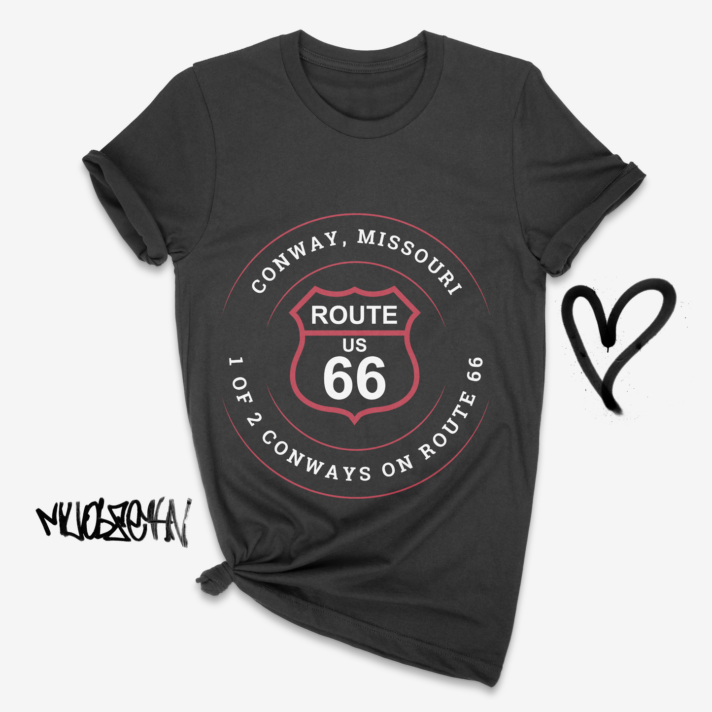 A vintage black retro Route 66 unisex jersey tee with a Conway, MO "1 of 2 Conways on Route 66" design tied up on the bottom right corner
