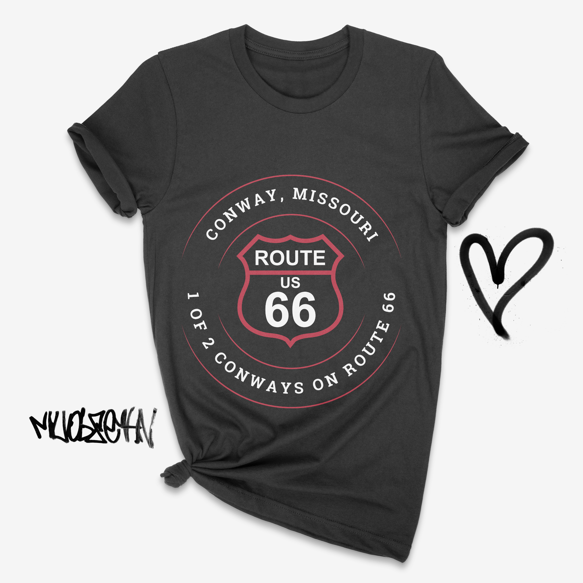 A vintage black retro Route 66 unisex jersey tee with a Conway, MO "1 of 2 Conways on Route 66" design tied up on the bottom right corner