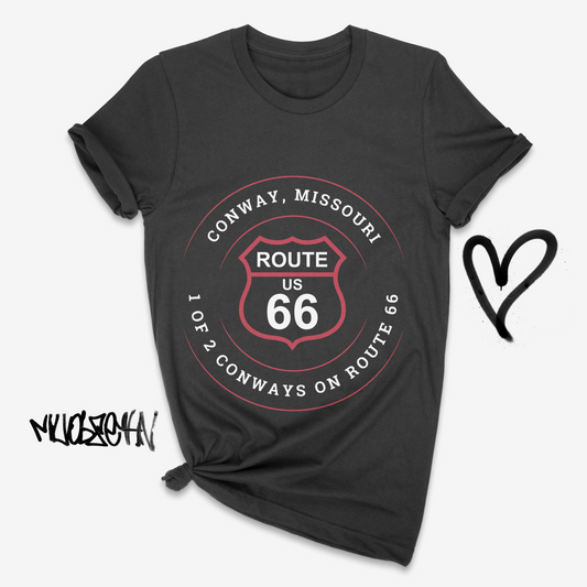 A vintage black retro Route 66 unisex jersey tee with a Conway, MO "1 of 2 Conways on Route 66" design tied up on the bottom right corner