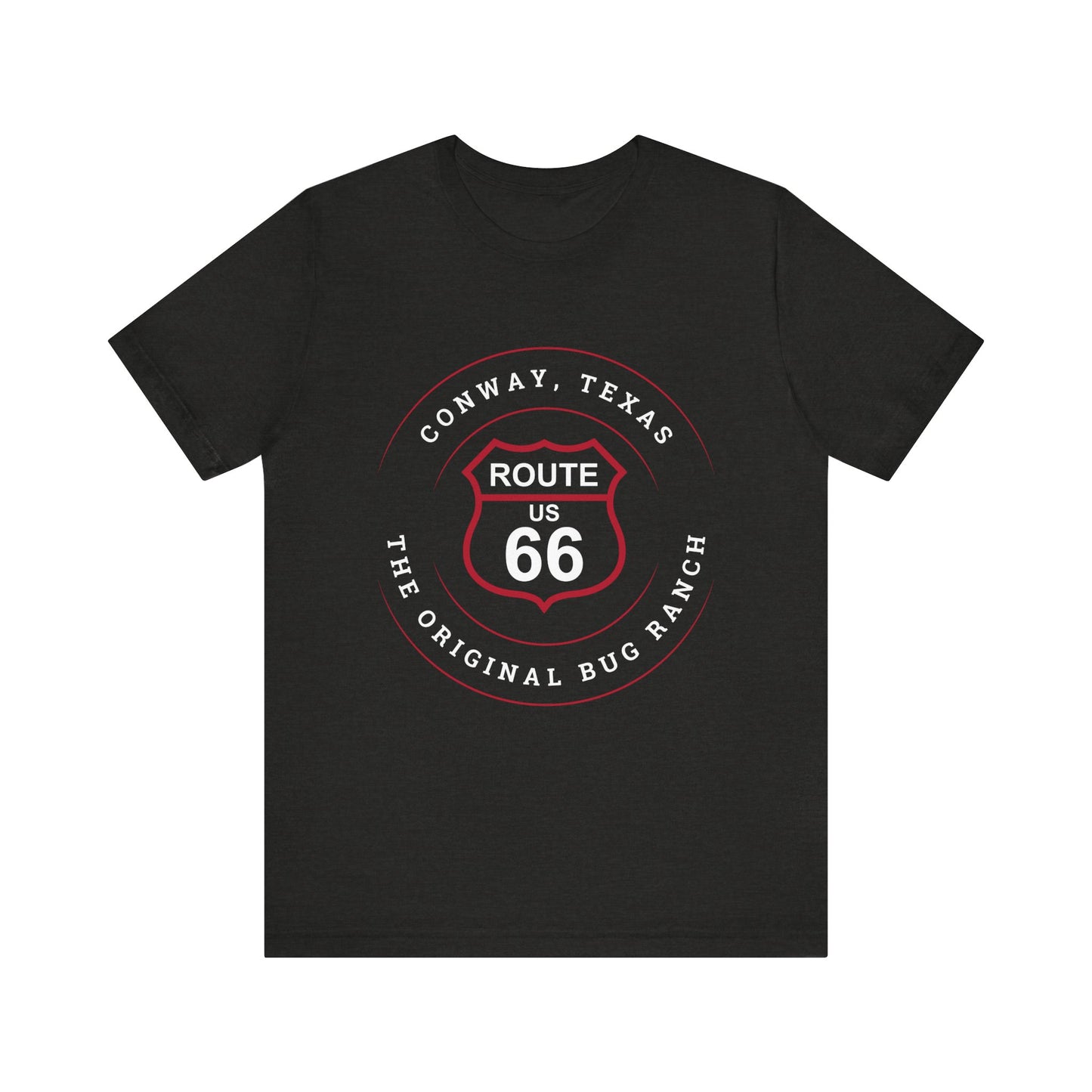 Black heather retro Route 66 unisex jersey tee with Conway, TX: The Original Bug Ranch graphic