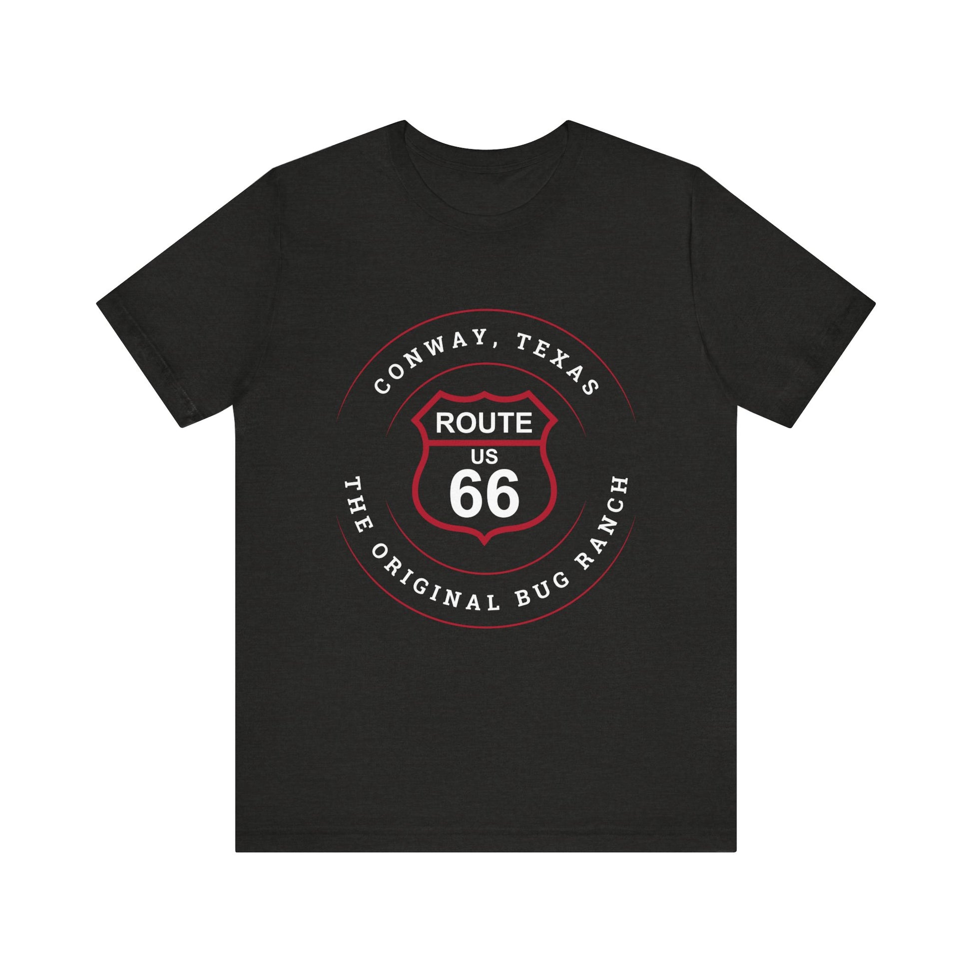Black heather retro Route 66 unisex jersey tee with Conway, TX: The Original Bug Ranch graphic