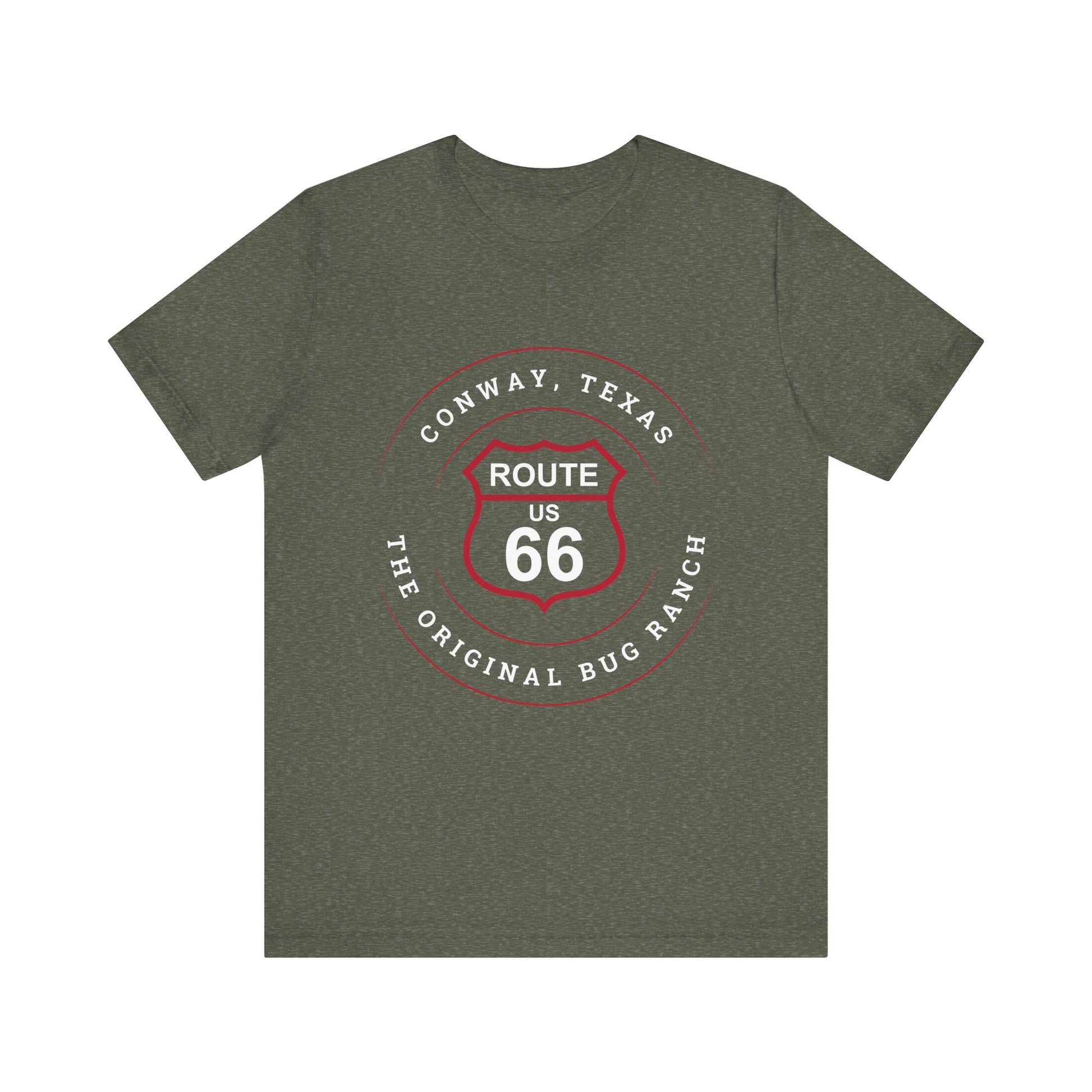 Heather military green retro Route 66 unisex jersey tee with Conway, TX: The Original Bug Ranch graphic
