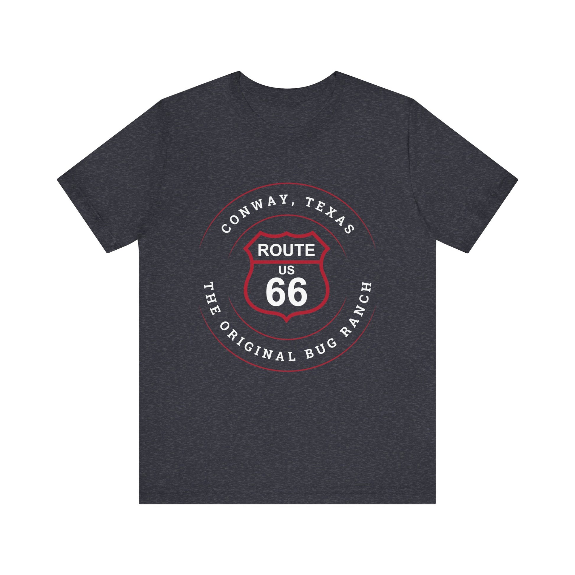 Heather navy retro Route 66 unisex jersey tee with Conway, TX: The Original Bug Ranch graphic