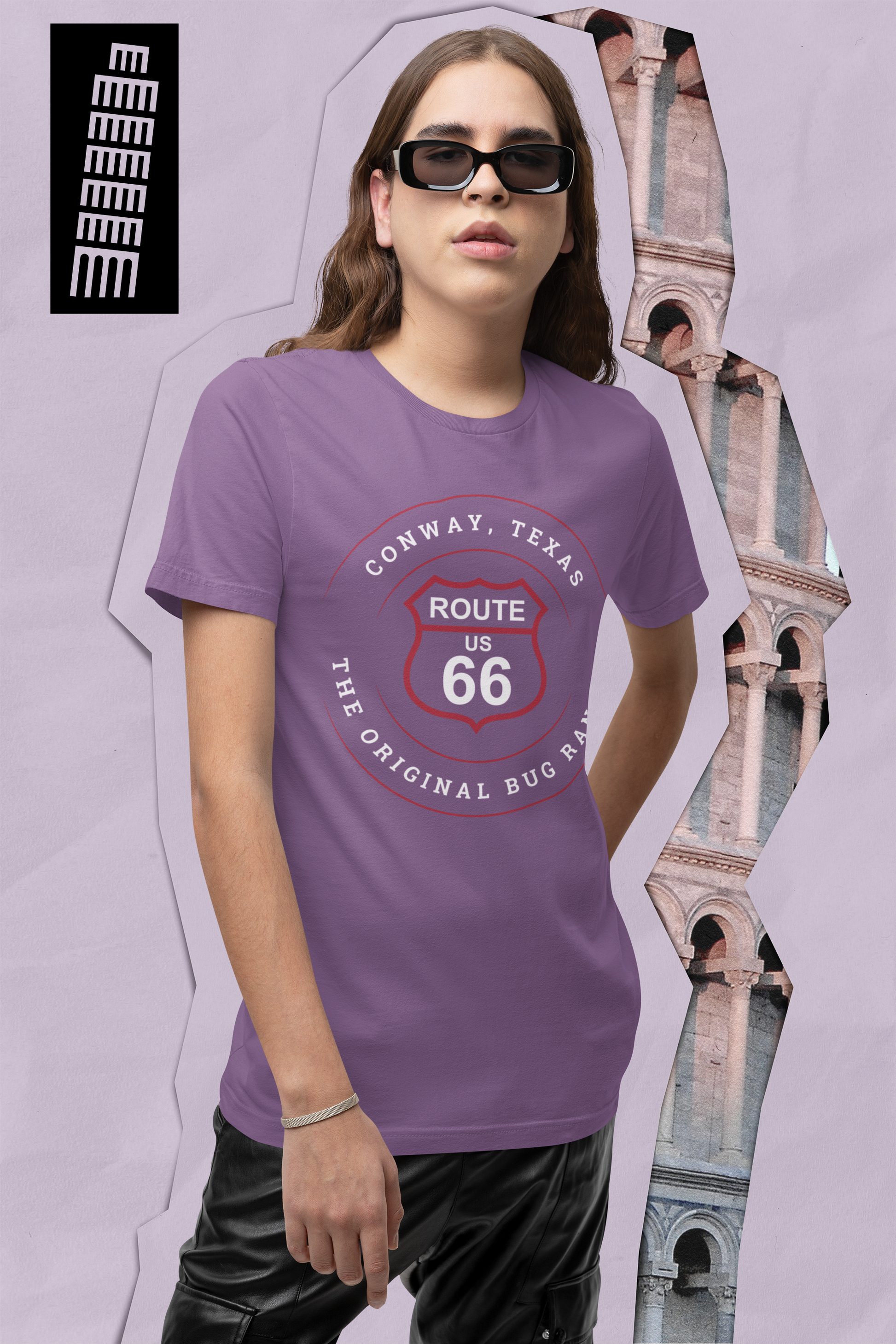 Female model wearing heather team purple retro Route 66 unisex jersey tee with Conway, TX: The Original Bug Ranch graphic