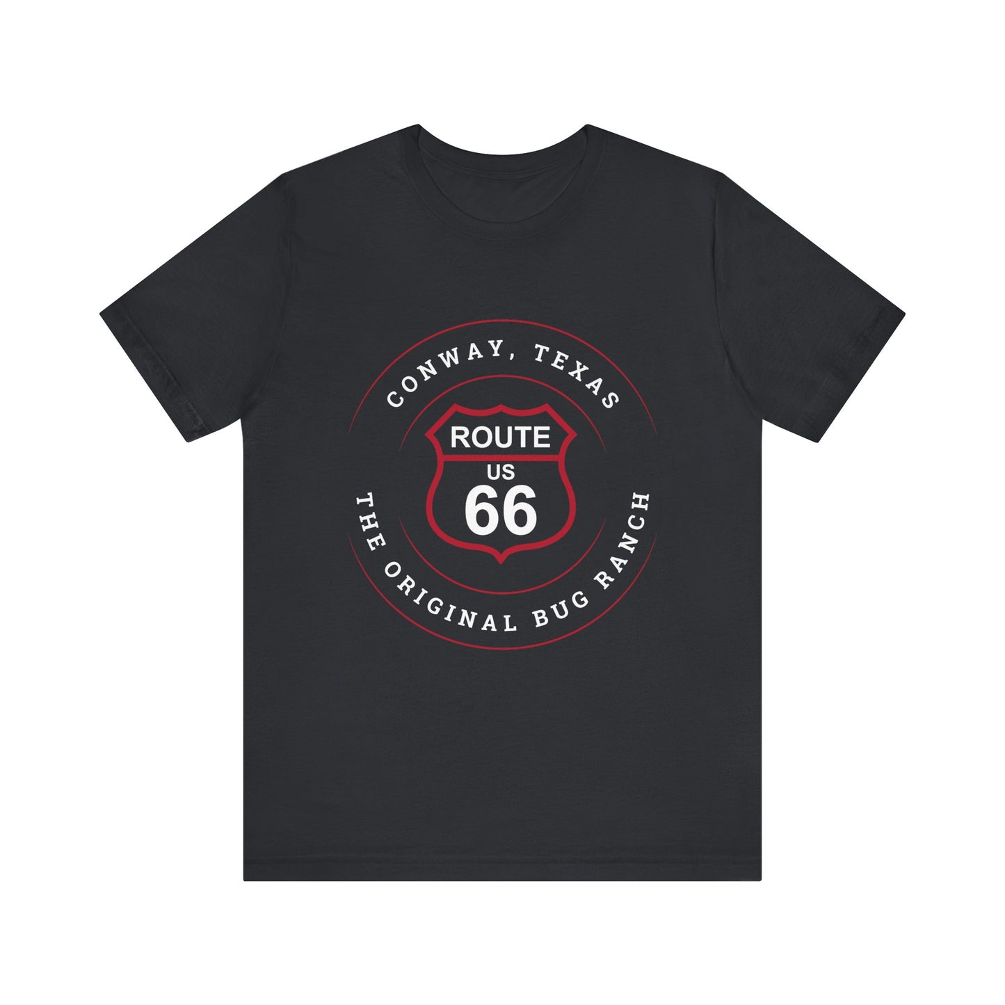 Vintage black retro Route 66 unisex jersey tee with Conway, TX: The Original Bug Ranch graphic