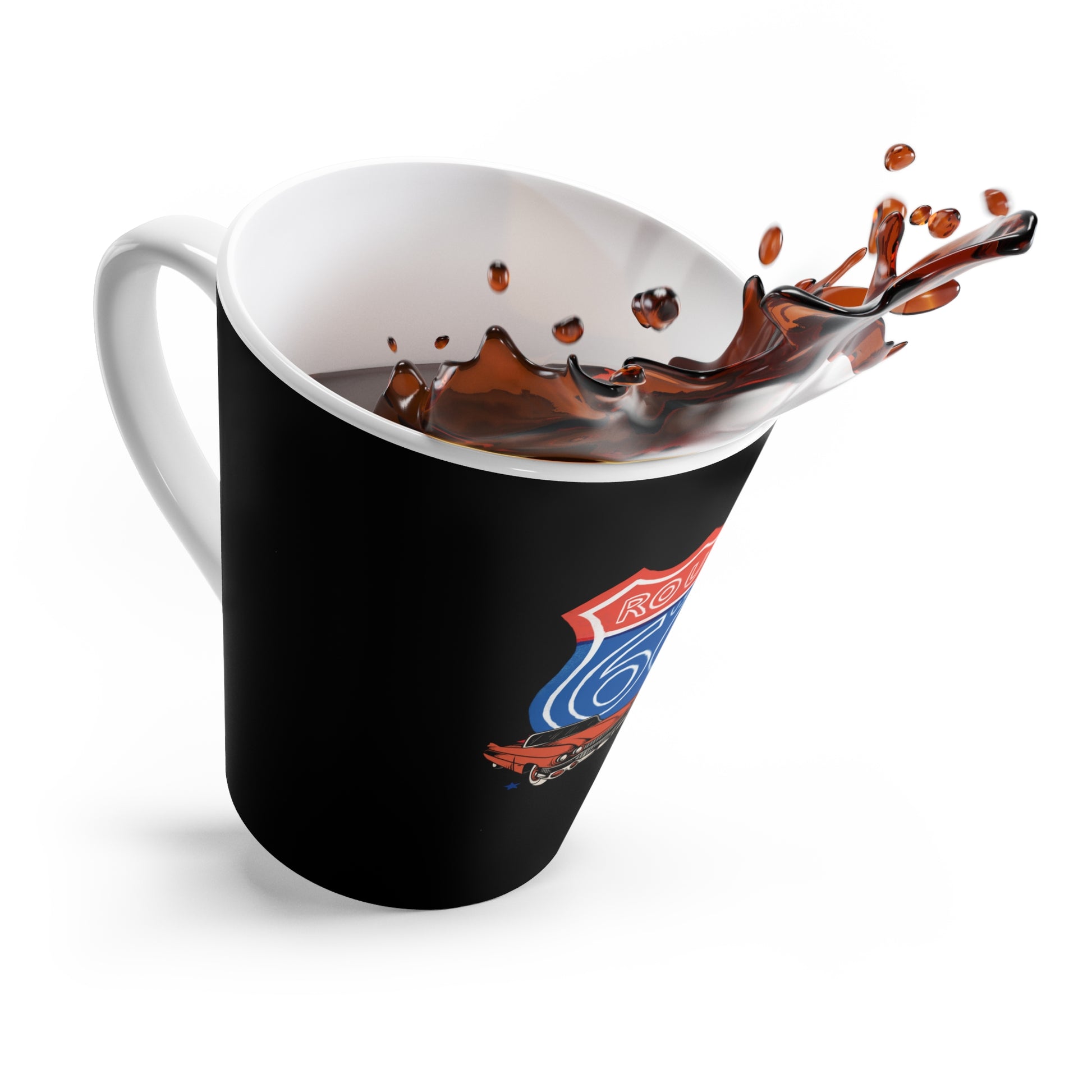 A view from both the top and the side of the mug, a black ceramic latte mug featuring a red Corvette and Route 66 shield design with red, white and blue stars has liquid expelling from the top