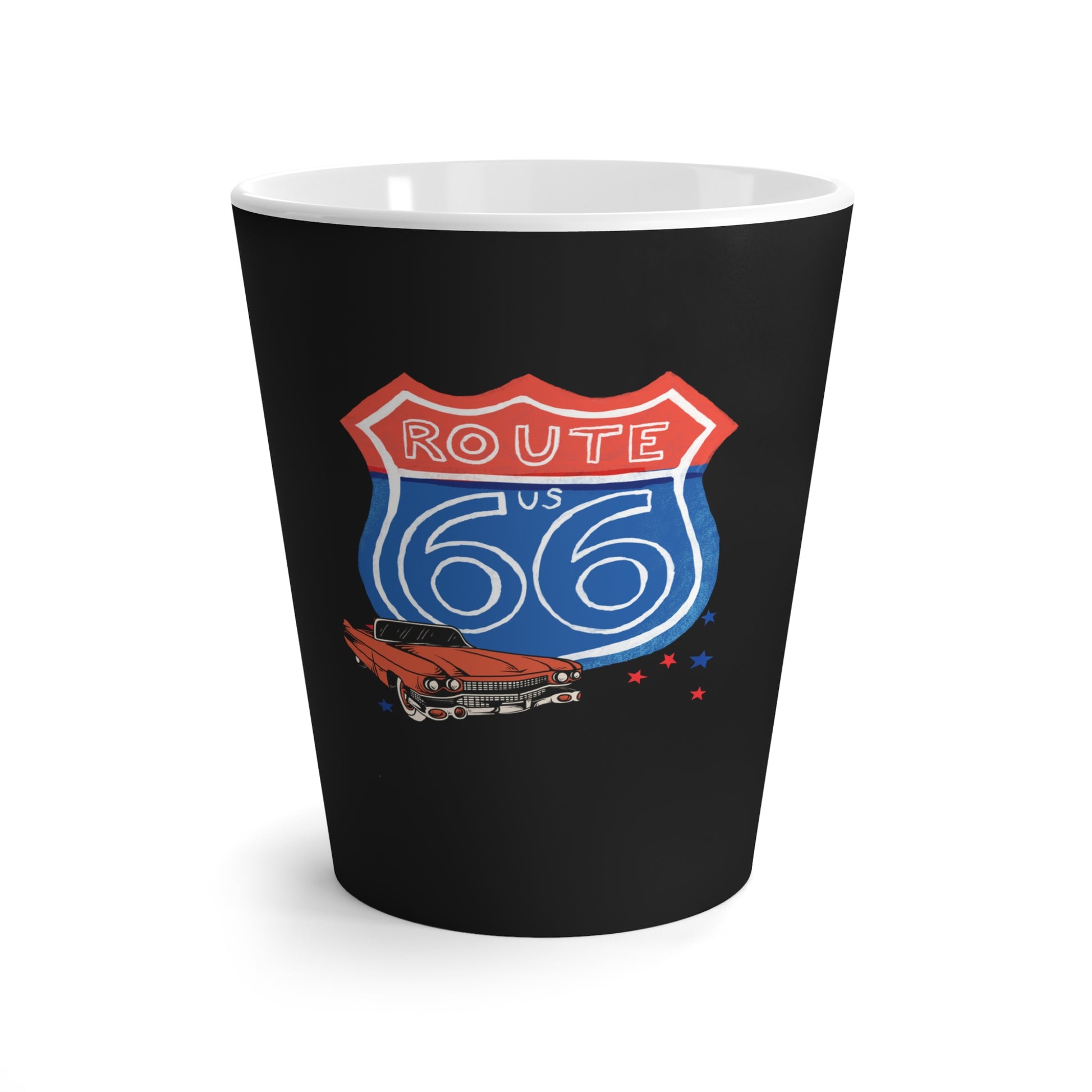 Black ceramic latte mug featuring a red Corvette and Route 66 shield design with red, white and blue stars