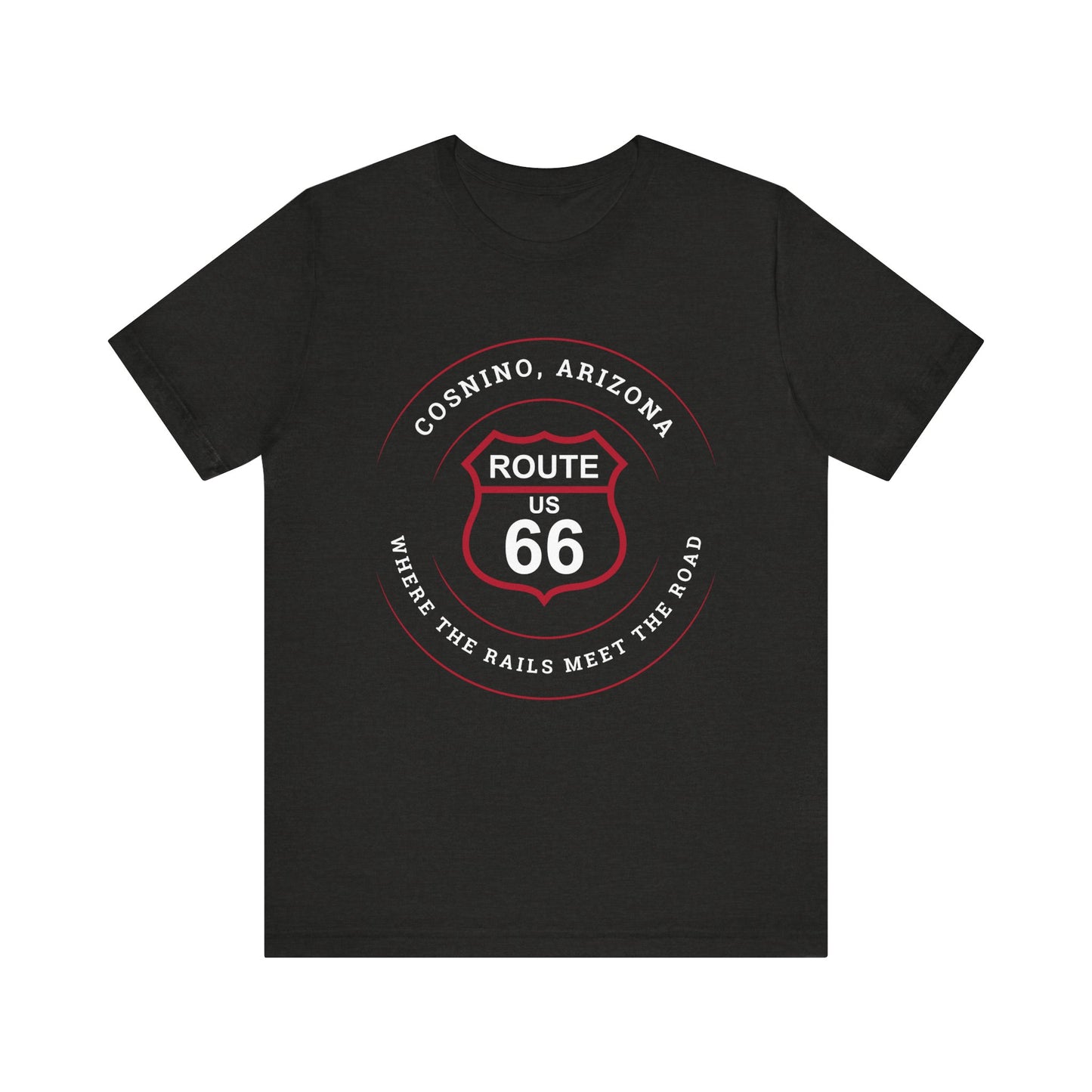 Black heather retro Route 66 unisex jersey tee with Cosnino, AZ: "Where the Rail Meets the Road" design