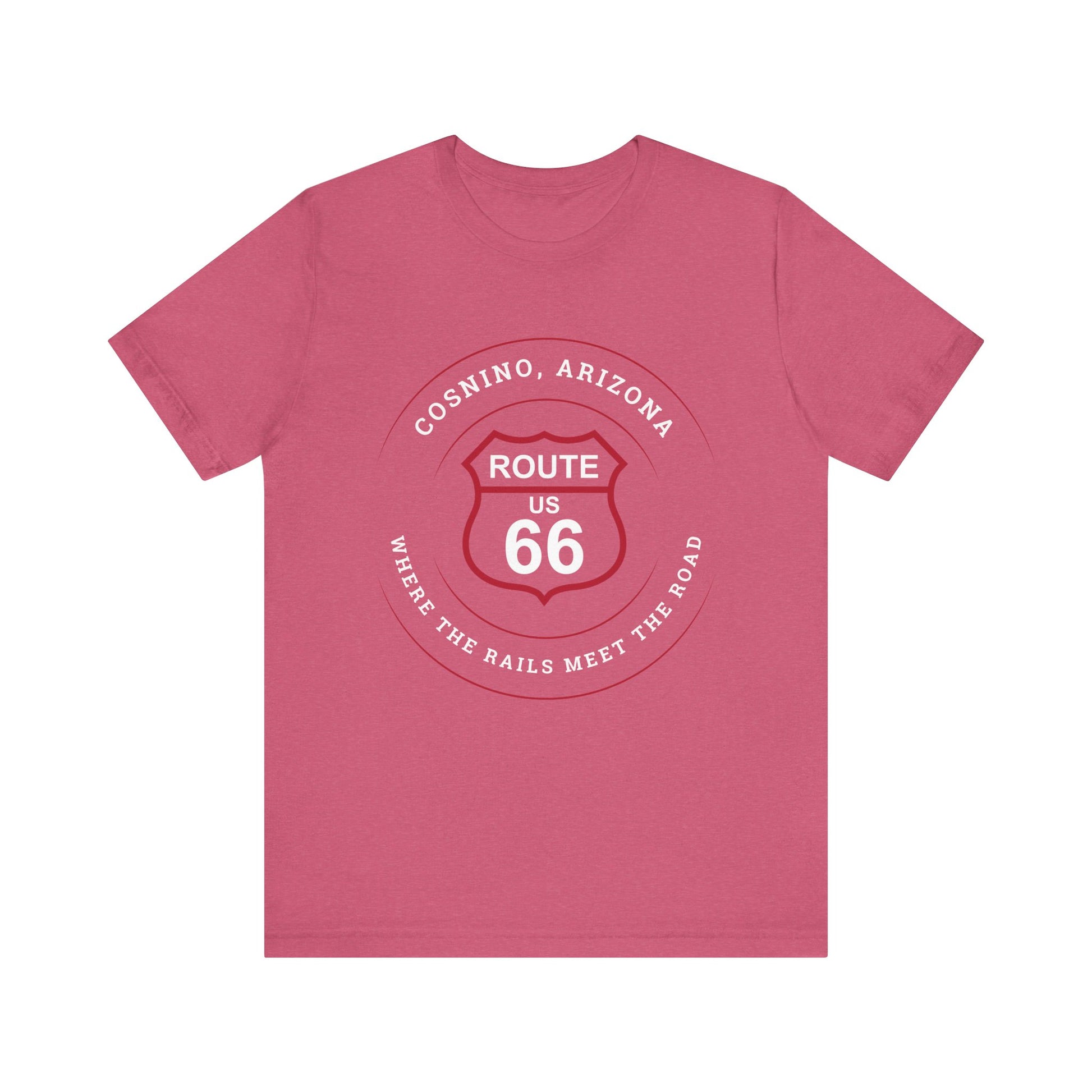 Heather raspberry retro Route 66 unisex jersey tee with Cosnino, AZ: "Where the Rail Meets the Road" design