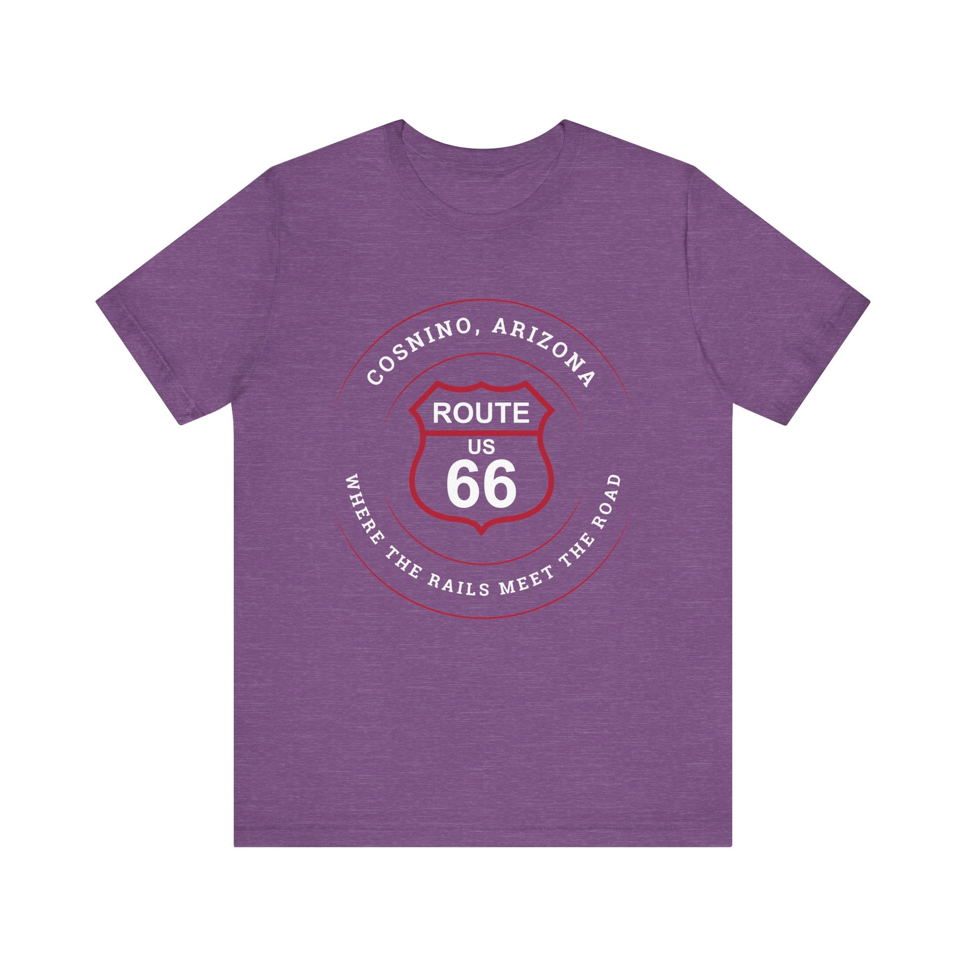 Heather team purple retro Route 66 unisex jersey tee with Cosnino, AZ: "Where the Rail Meets the Road" design