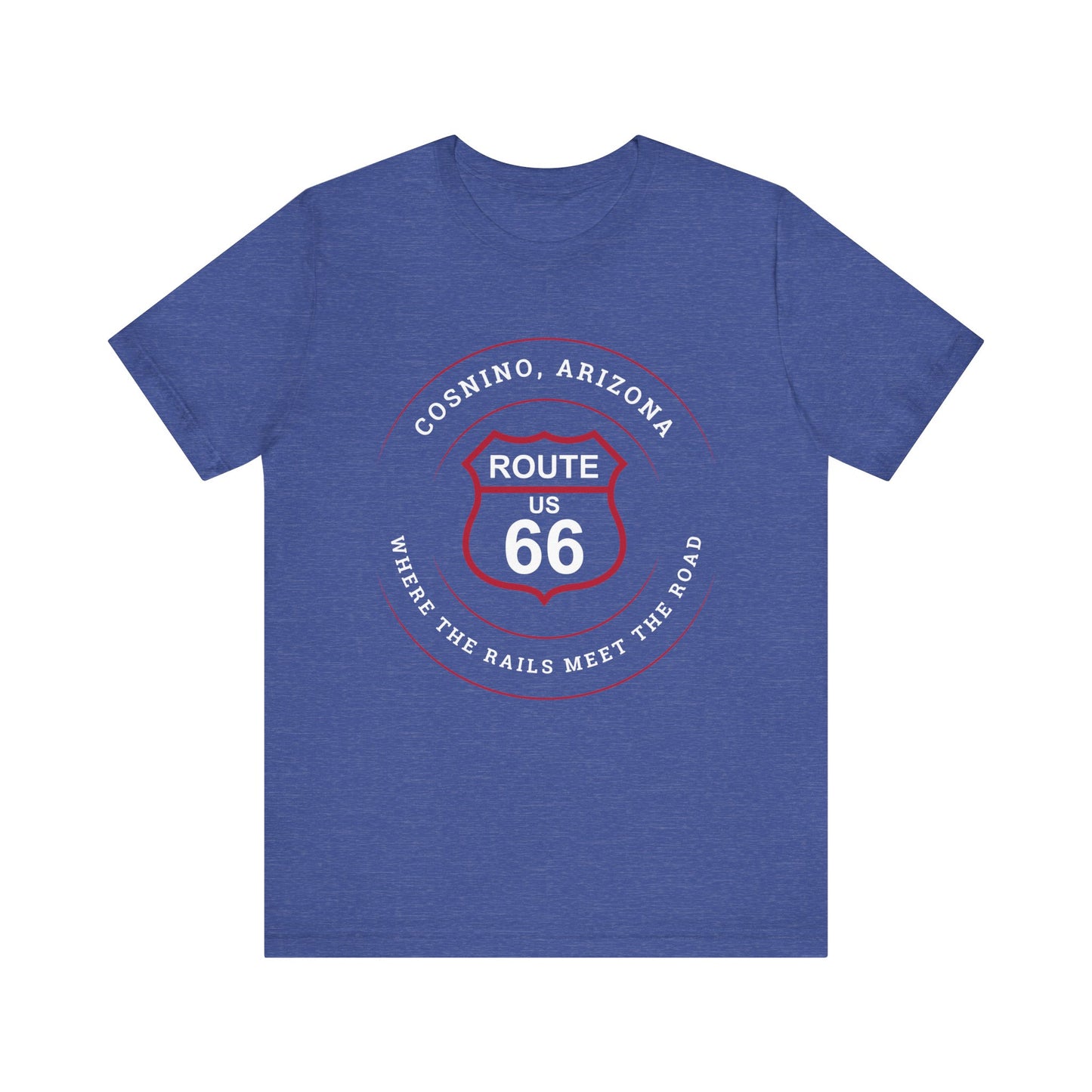 Heather true royal retro Route 66 unisex jersey tee with Cosnino, AZ: "Where the Rail Meets the Road" design