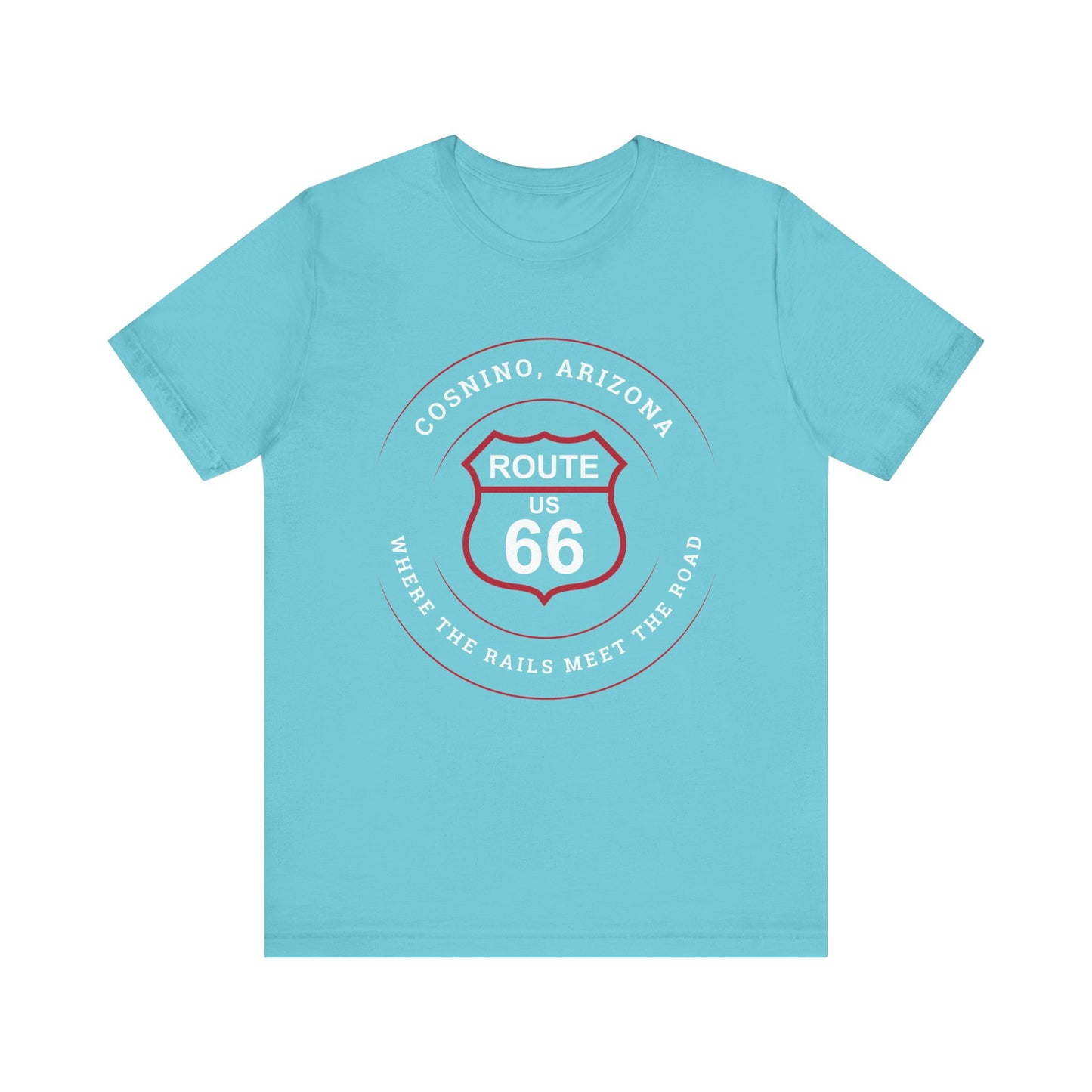 Turquoise retro Route 66 unisex jersey tee with Cosnino, AZ: "Where the Rail Meets the Road" design