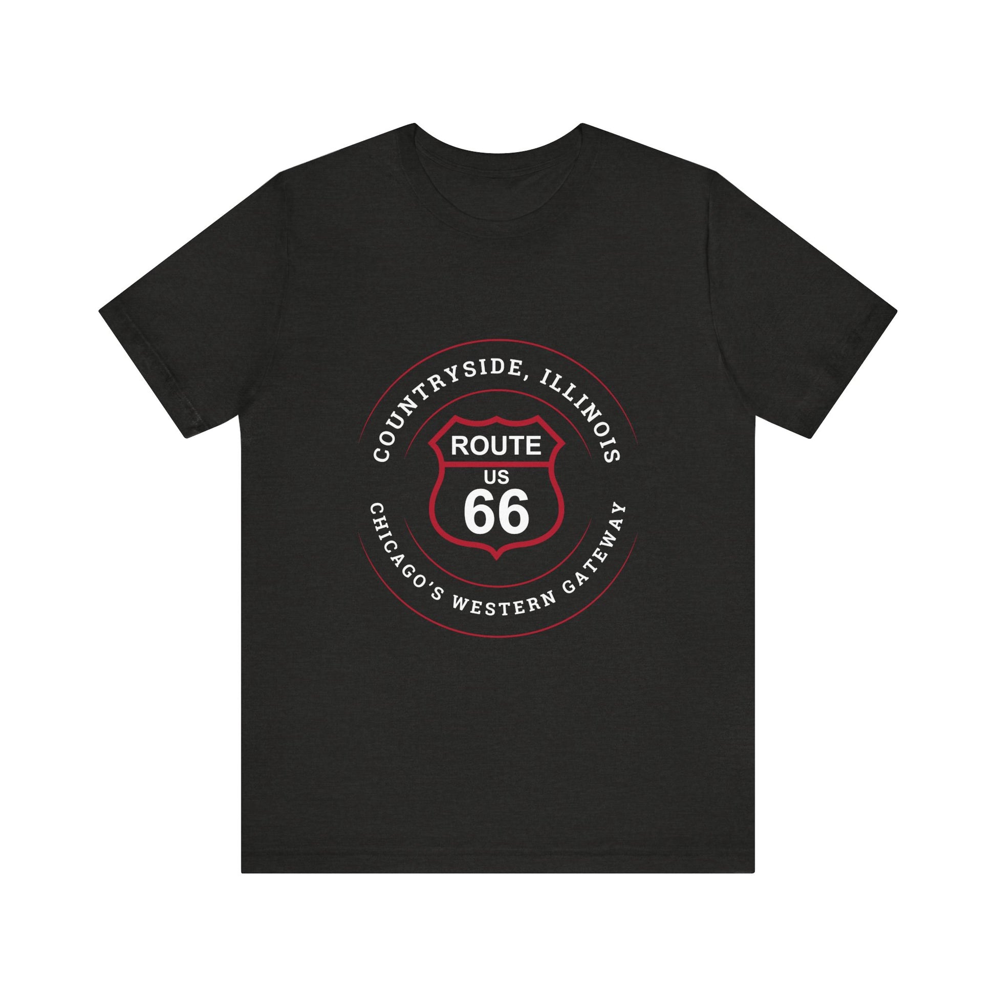 Black heather retro Route 66 unisex jersey tee with Countryside, IL: "Chicago's Western Gateway" design