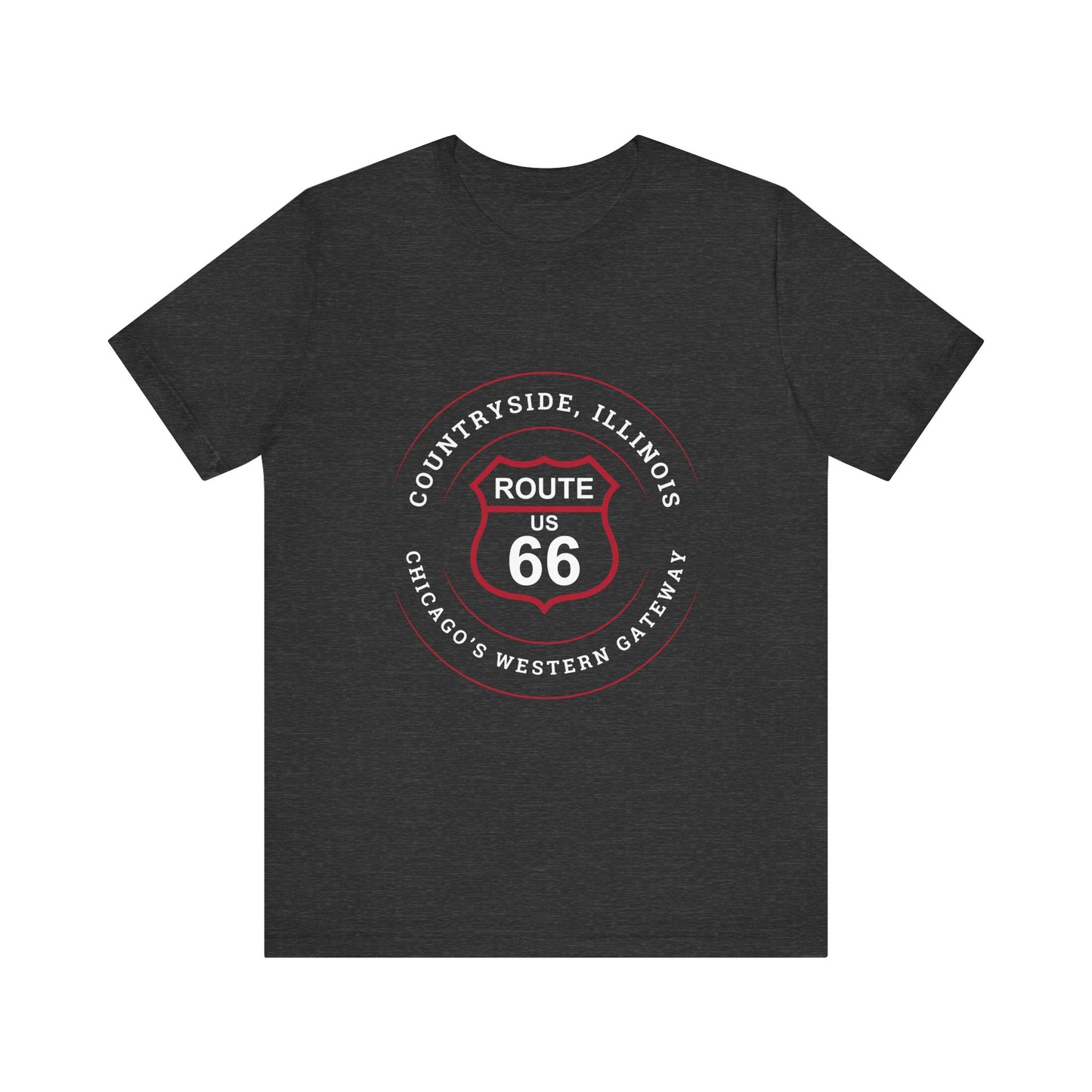 Dark grey heather retro Route 66 unisex jersey tee with Countryside, IL: "Chicago's Western Gateway" design