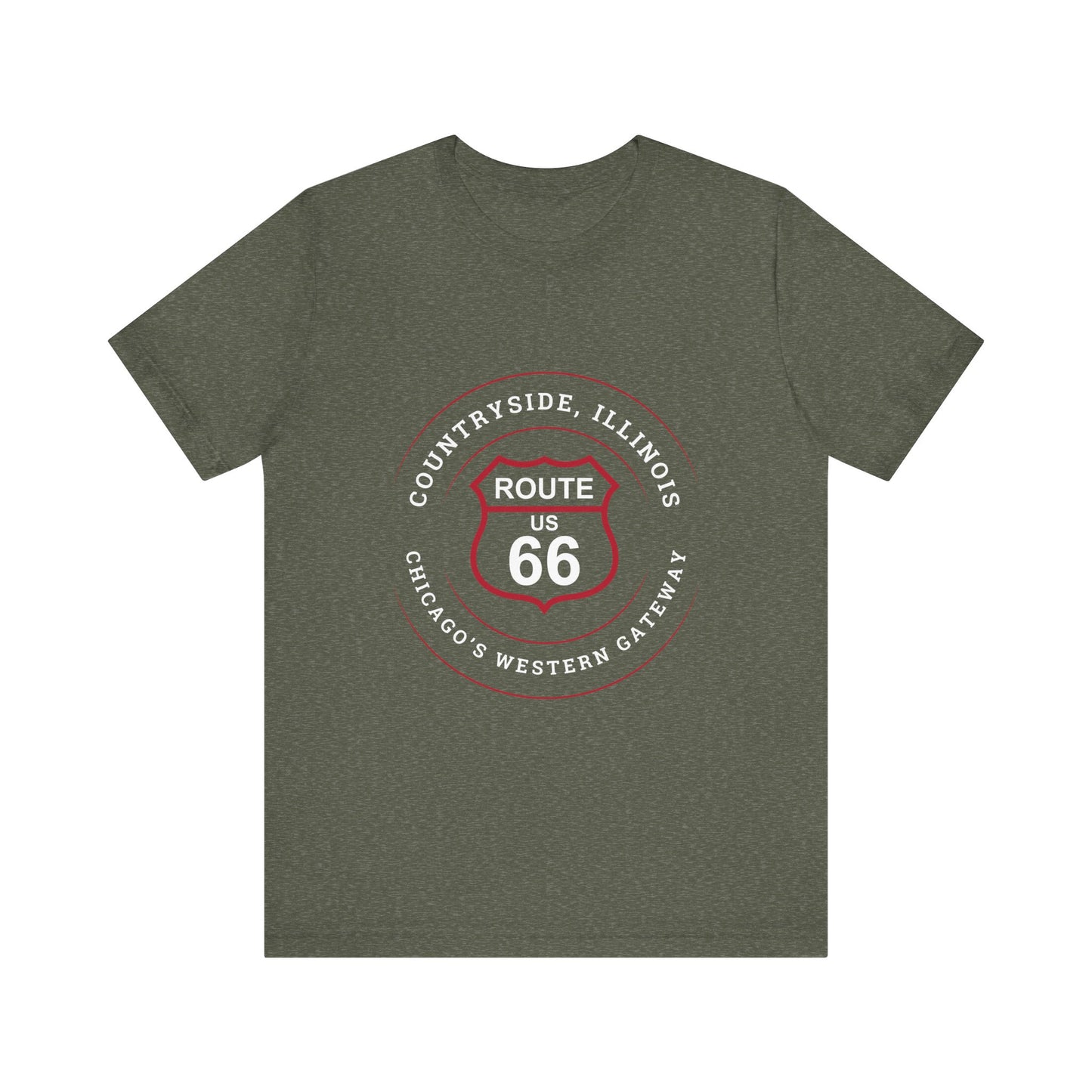 Heather military green retro Route 66 unisex jersey tee with Countryside, IL: "Chicago's Western Gateway" design