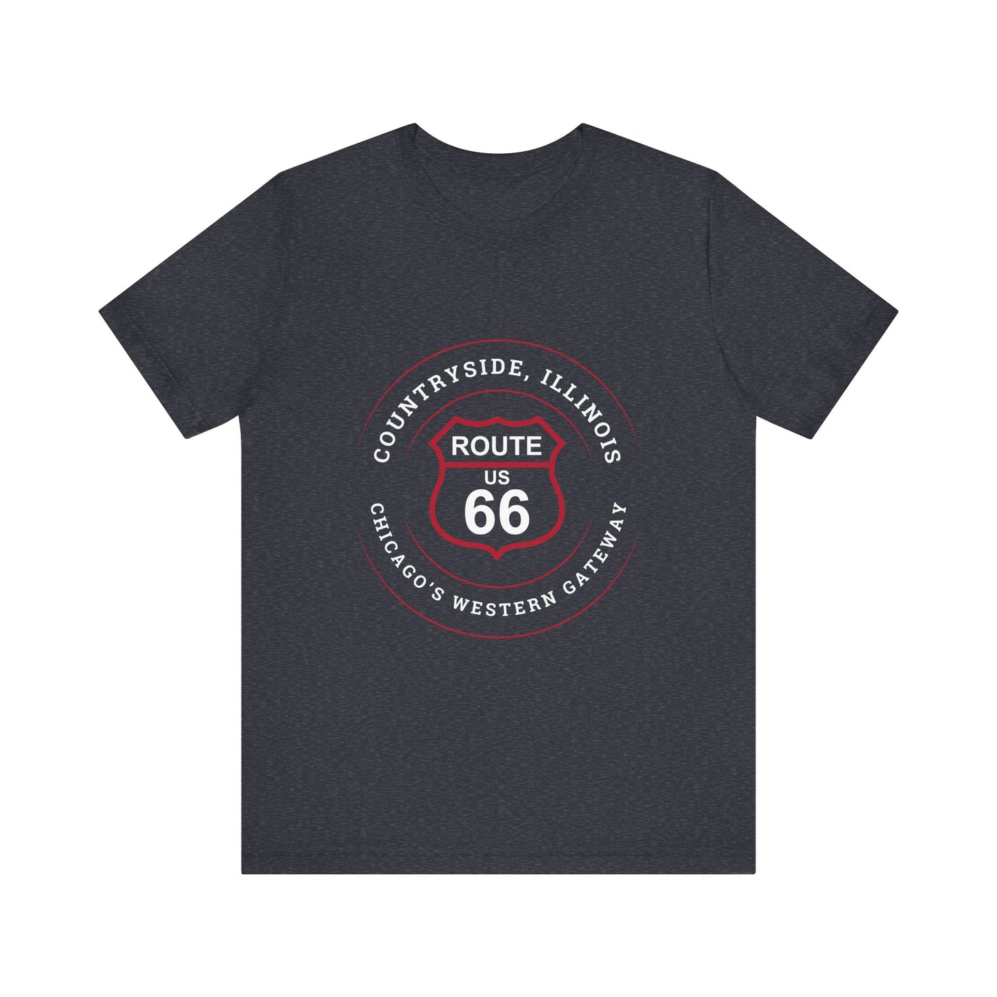 Heather navy retro Route 66 unisex jersey tee with Countryside, IL: "Chicago's Western Gateway" design