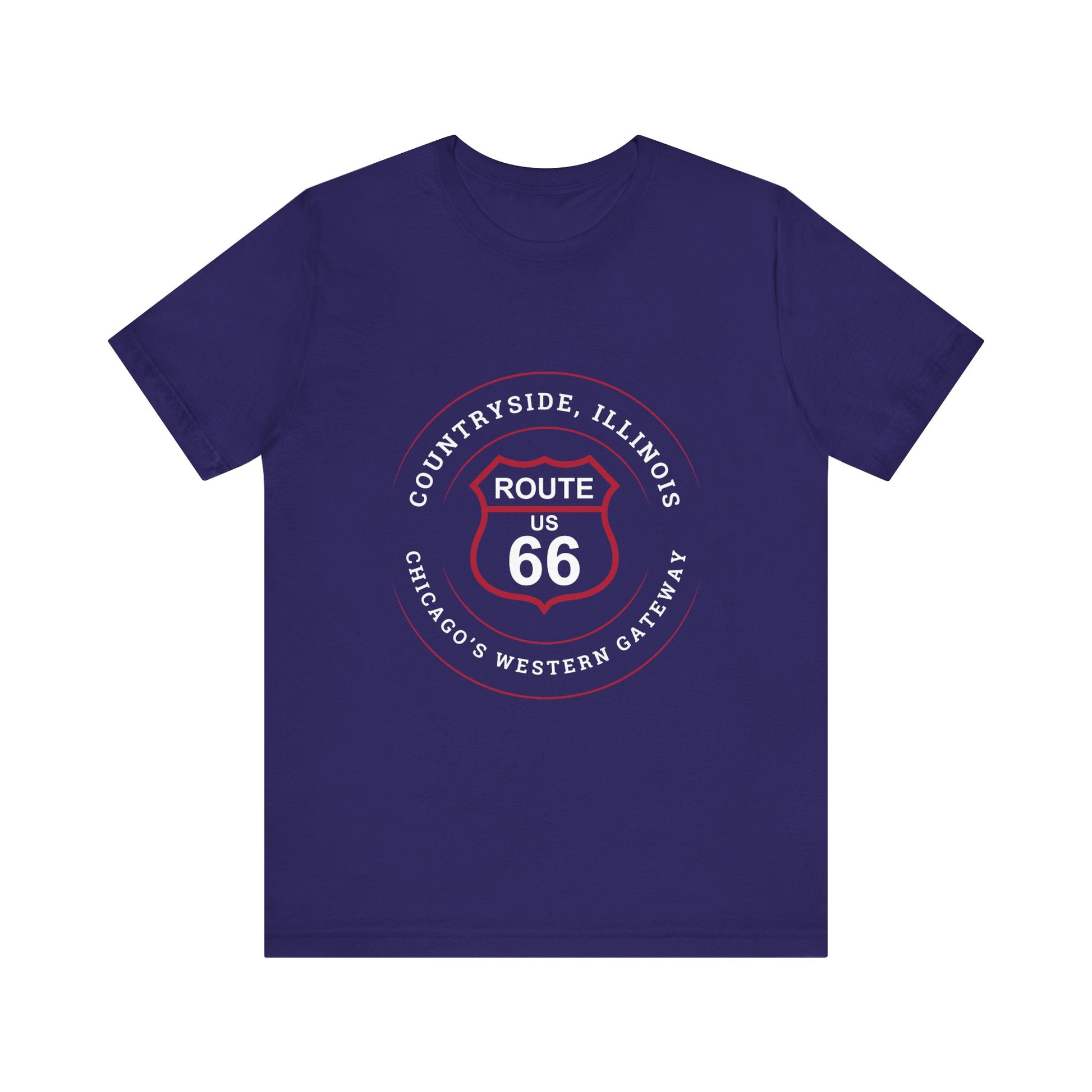 Team navy retro Route 66 unisex jersey tee with Countryside, IL: "Chicago's Western Gateway" design