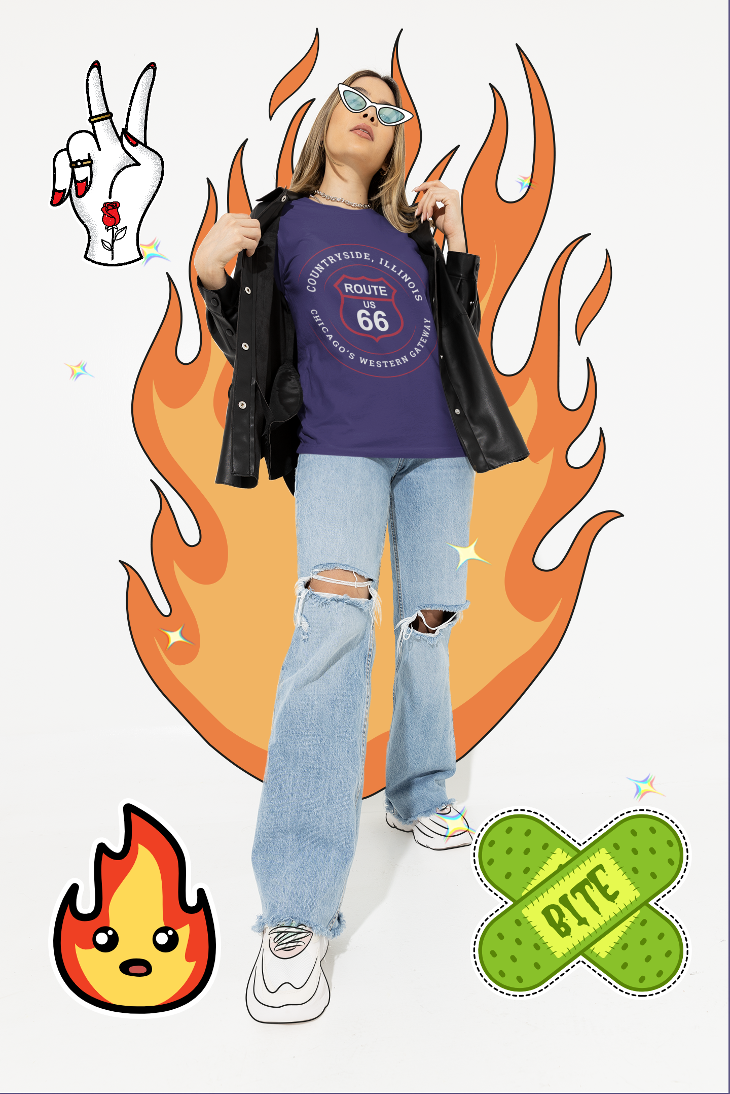 A female model wears a team navy unisex t-shirt with a retro Route 66 shield design for Countryside, Illinois, labeled "Chicago's Western Gateway."