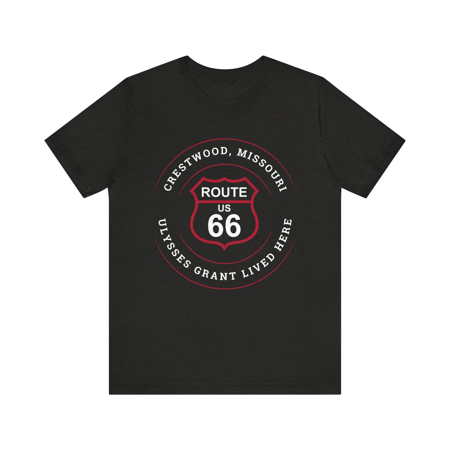 Black heather retro Route 66 unisex jersey tee with Crestwood, MO: "Ulysses Grant Lived Here" design