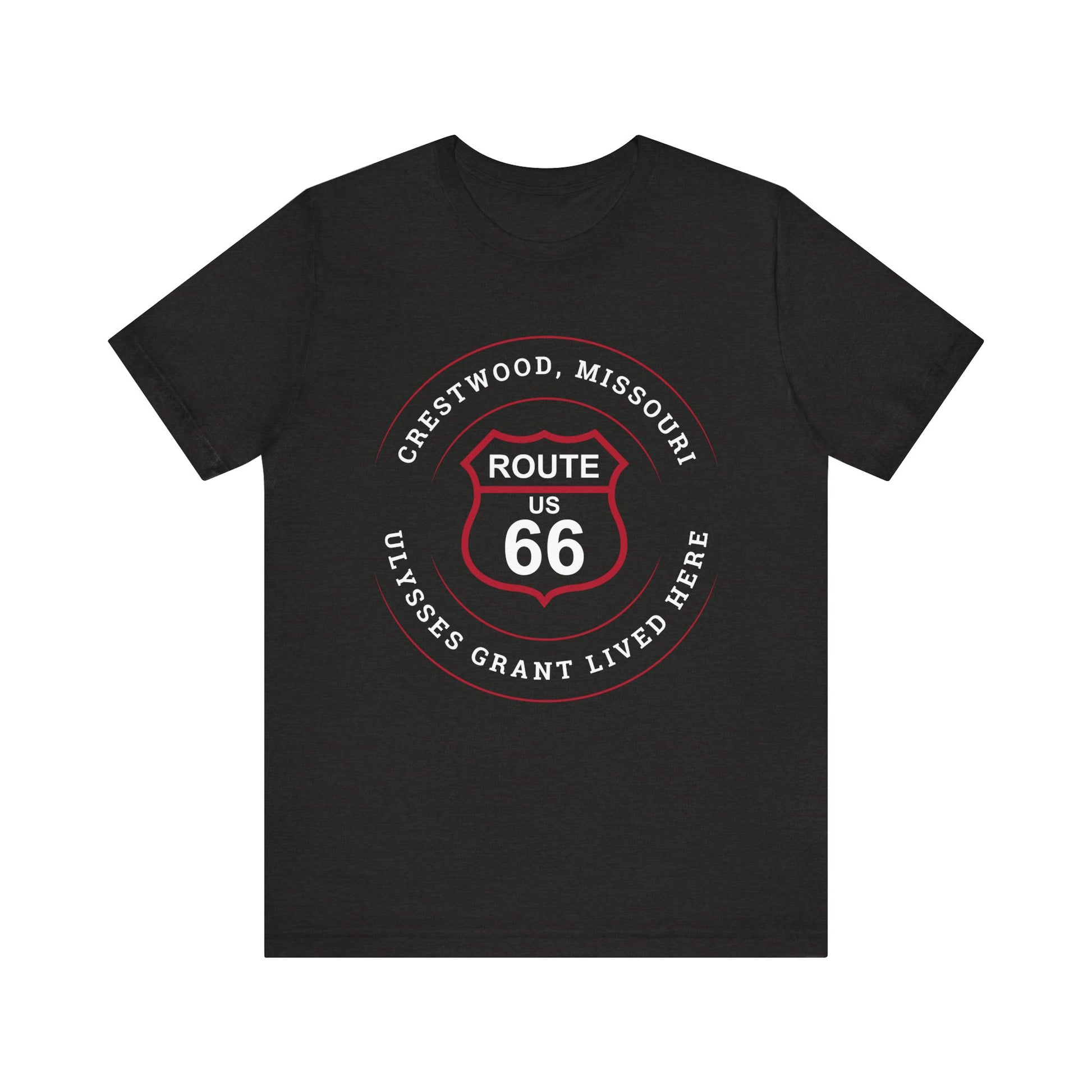 Black heather retro Route 66 unisex jersey tee with Crestwood, MO: "Ulysses Grant Lived Here" design