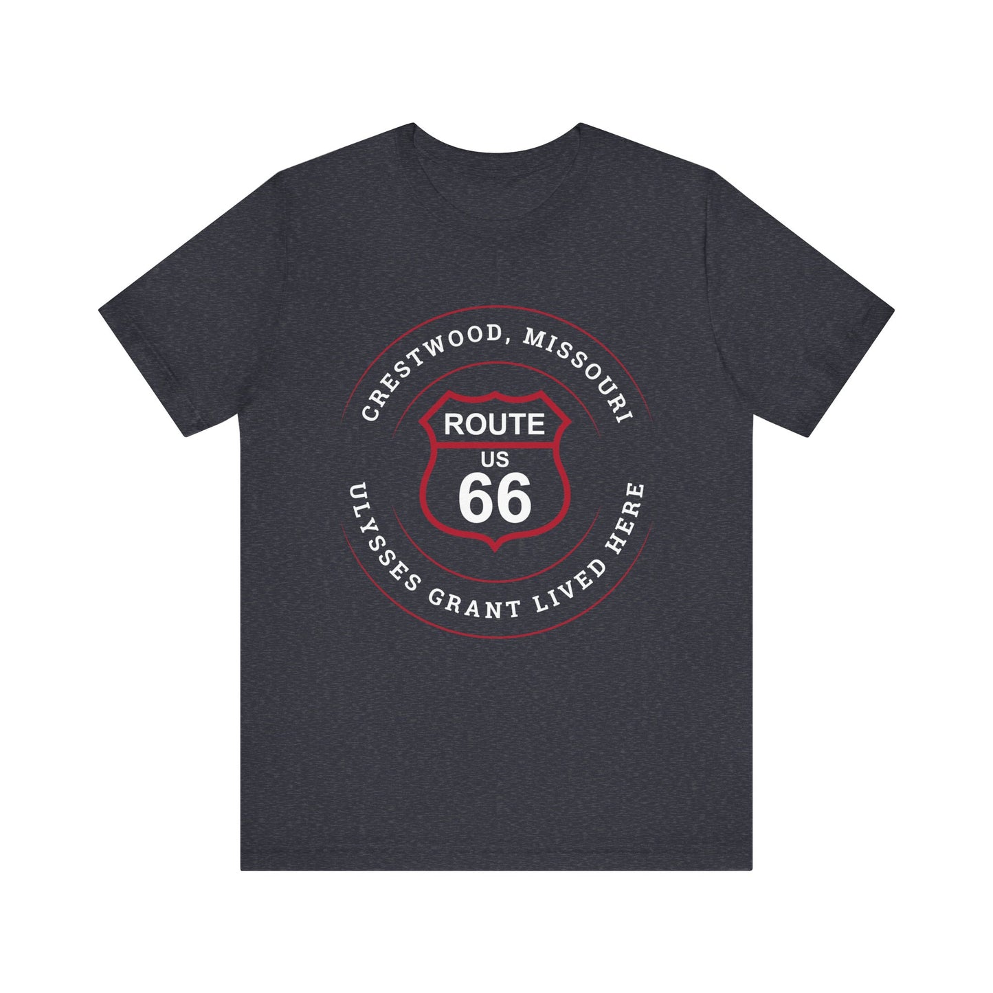 Heather navy retro Route 66 unisex jersey tee with Crestwood, MO: "Ulysses Grant Lived Here" design