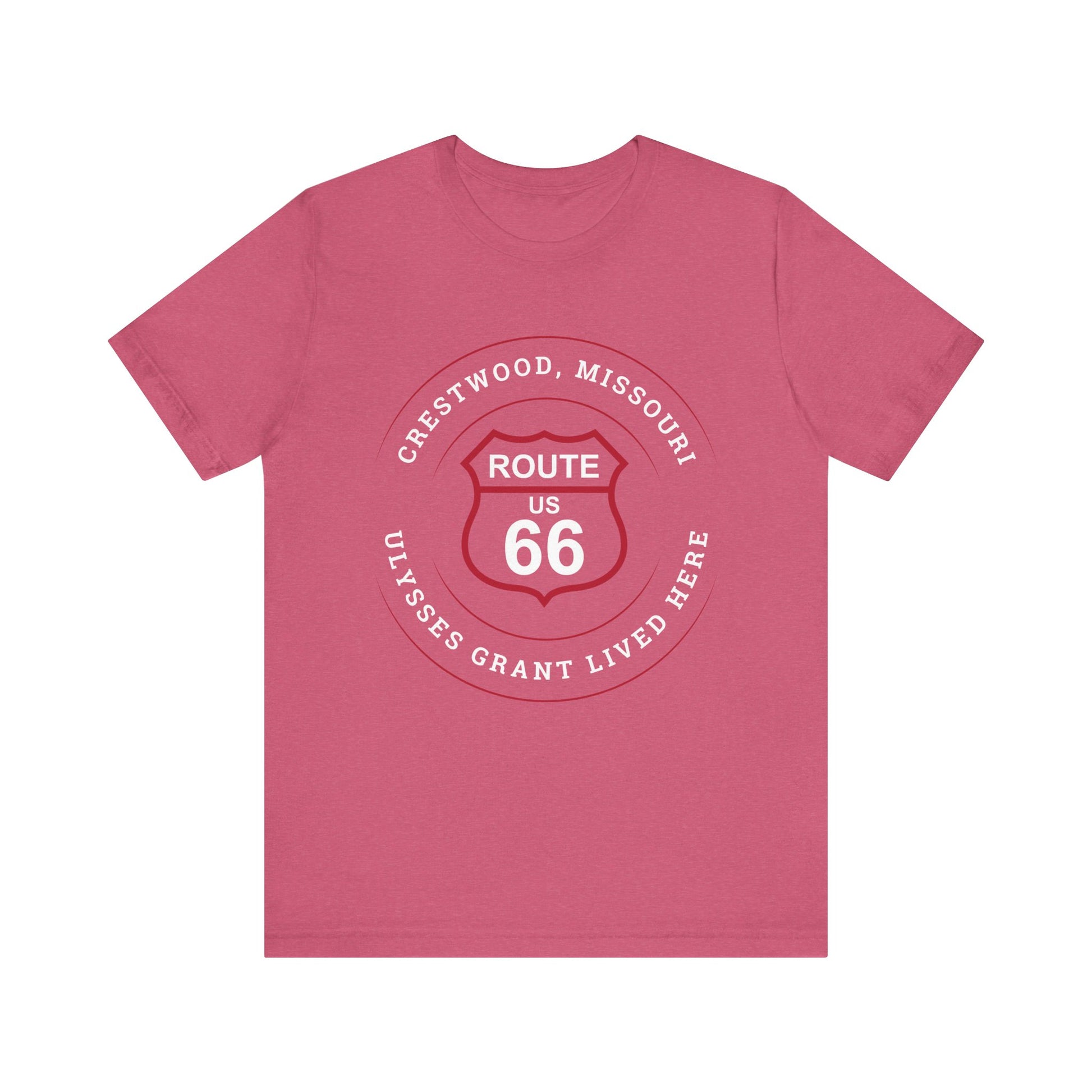 Heather raspberry retro Route 66 unisex jersey tee with Crestwood, MO: "Ulysses Grant Lived Here" design