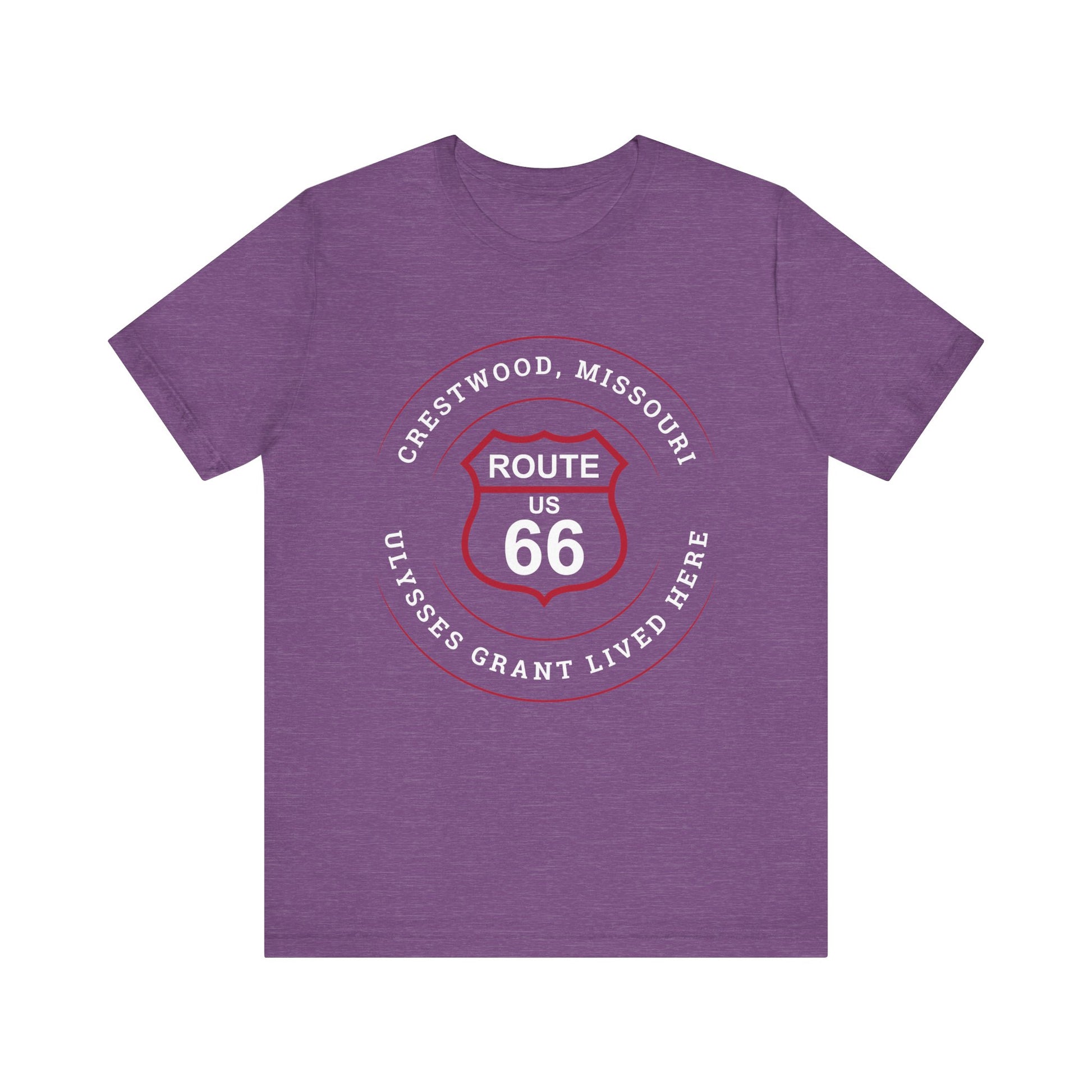 Heather team purple retro Route 66 unisex jersey tee with Crestwood, MO: "Ulysses Grant Lived Here" design