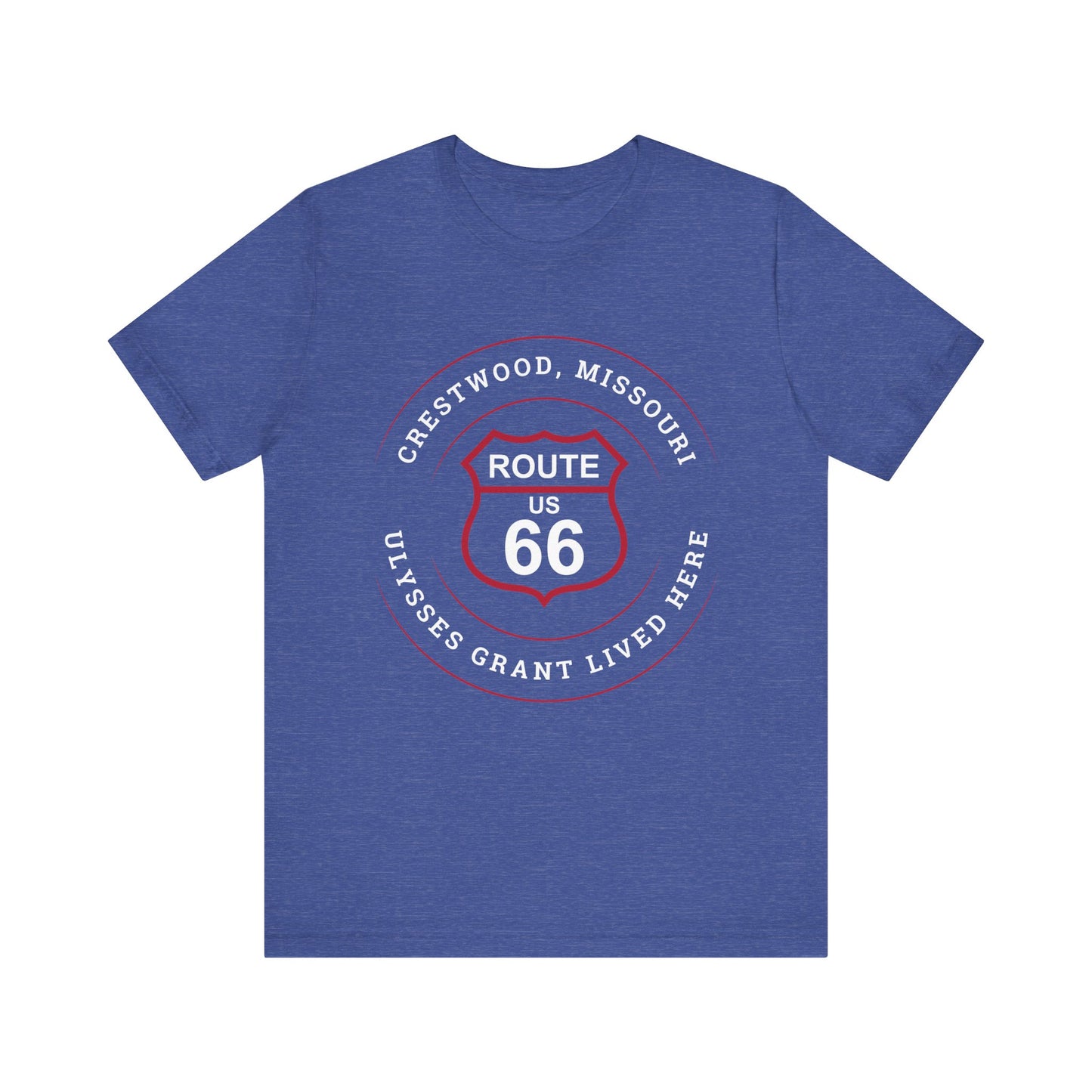 Heather true royal retro Route 66 unisex jersey tee with Crestwood, MO: "Ulysses Grant Lived Here" design