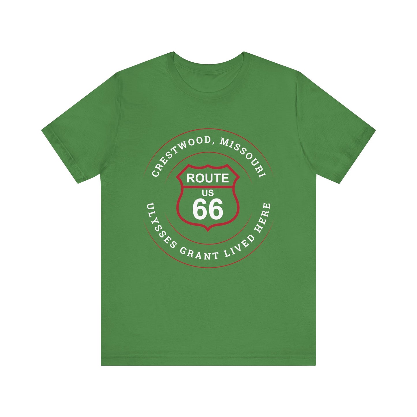 Leaf retro Route 66 unisex jersey tee with Crestwood, MO: "Ulysses Grant Lived Here" design