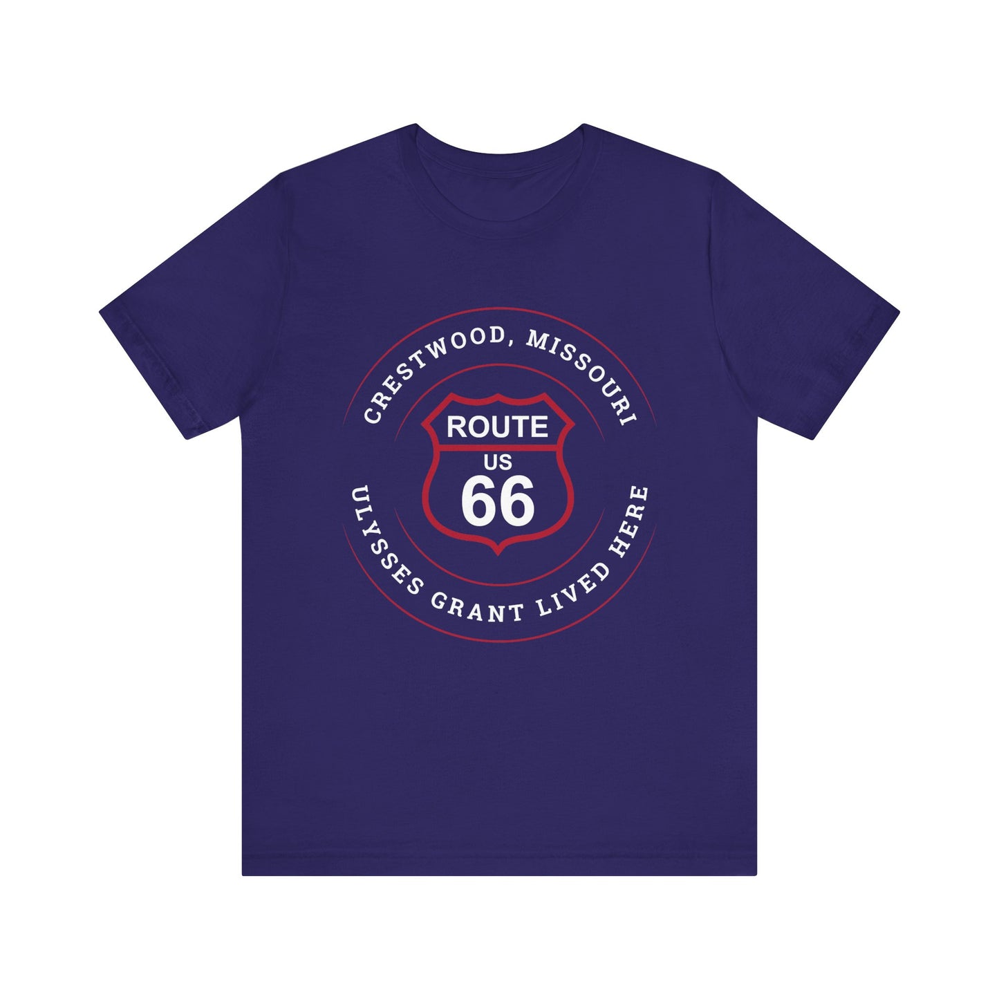 Team navy retro Route 66 unisex jersey tee with Crestwood, MO: "Ulysses Grant Lived Here" design