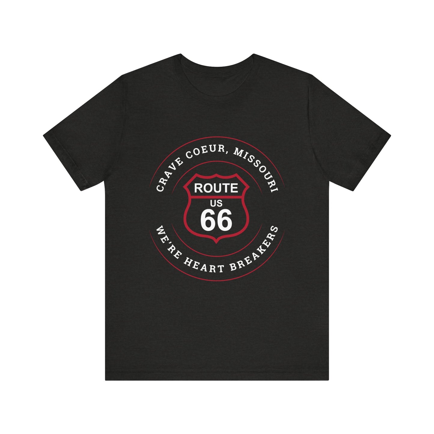 Black heather retro Route 66 unisex jersey tee with Creve Coeur, MO: "We're Heart Breakers" design